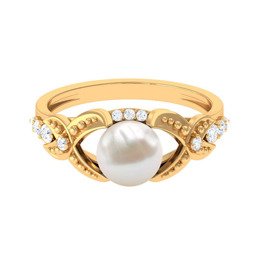 Vintage Style 3 Carat Freshwater Pearl Engagement Ring with Diamond Split Shank