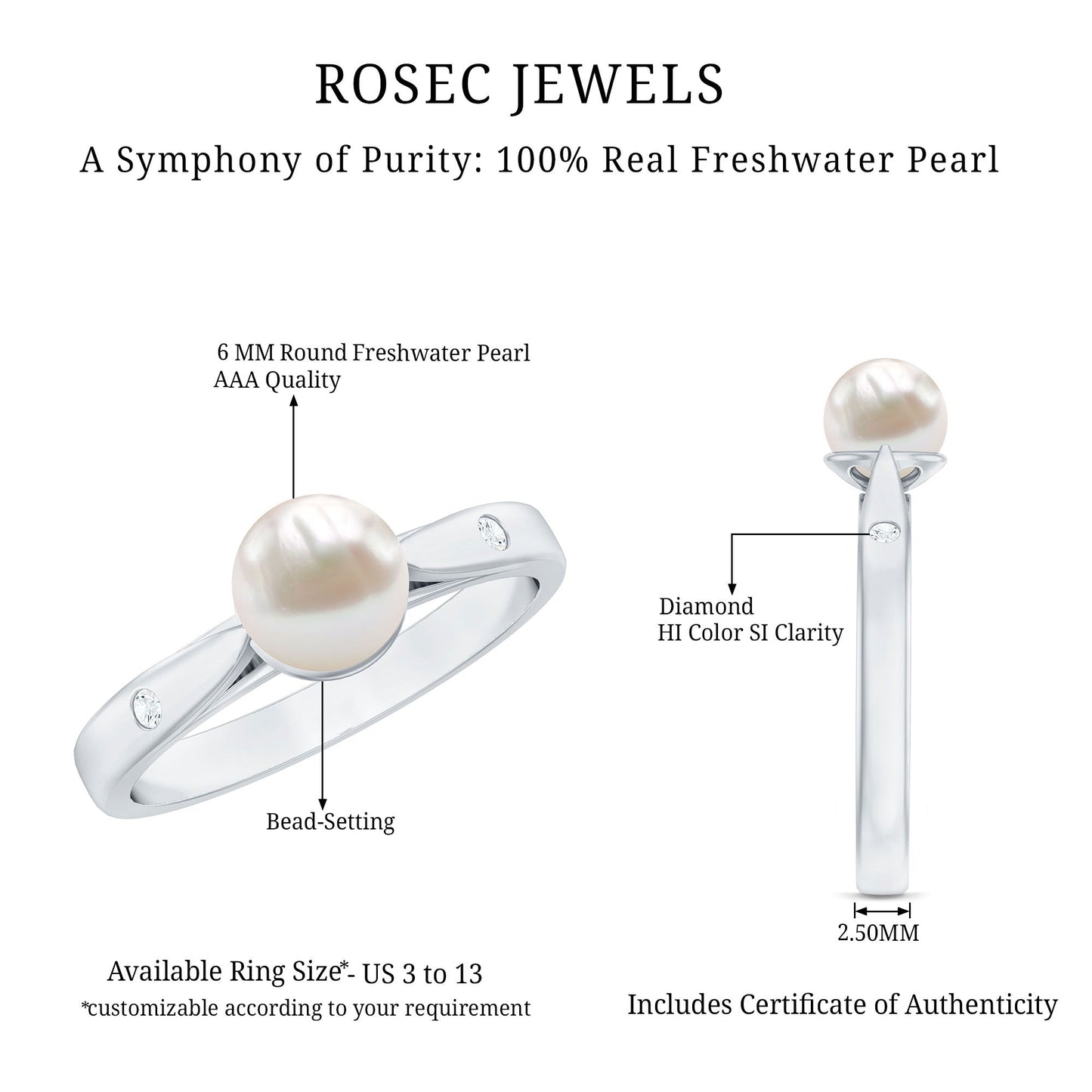 Natural 2.2 Carat Freshwater Pearl Solitaire Ring with Diamond