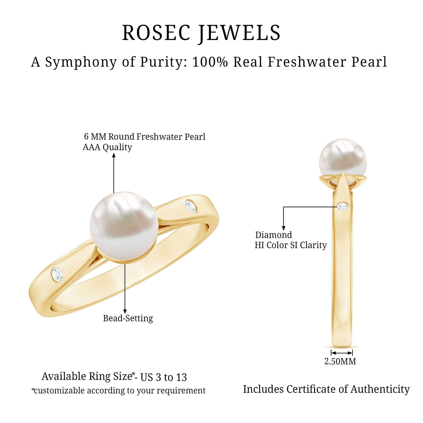 Natural 2.2 Carat Freshwater Pearl Solitaire Ring with Diamond