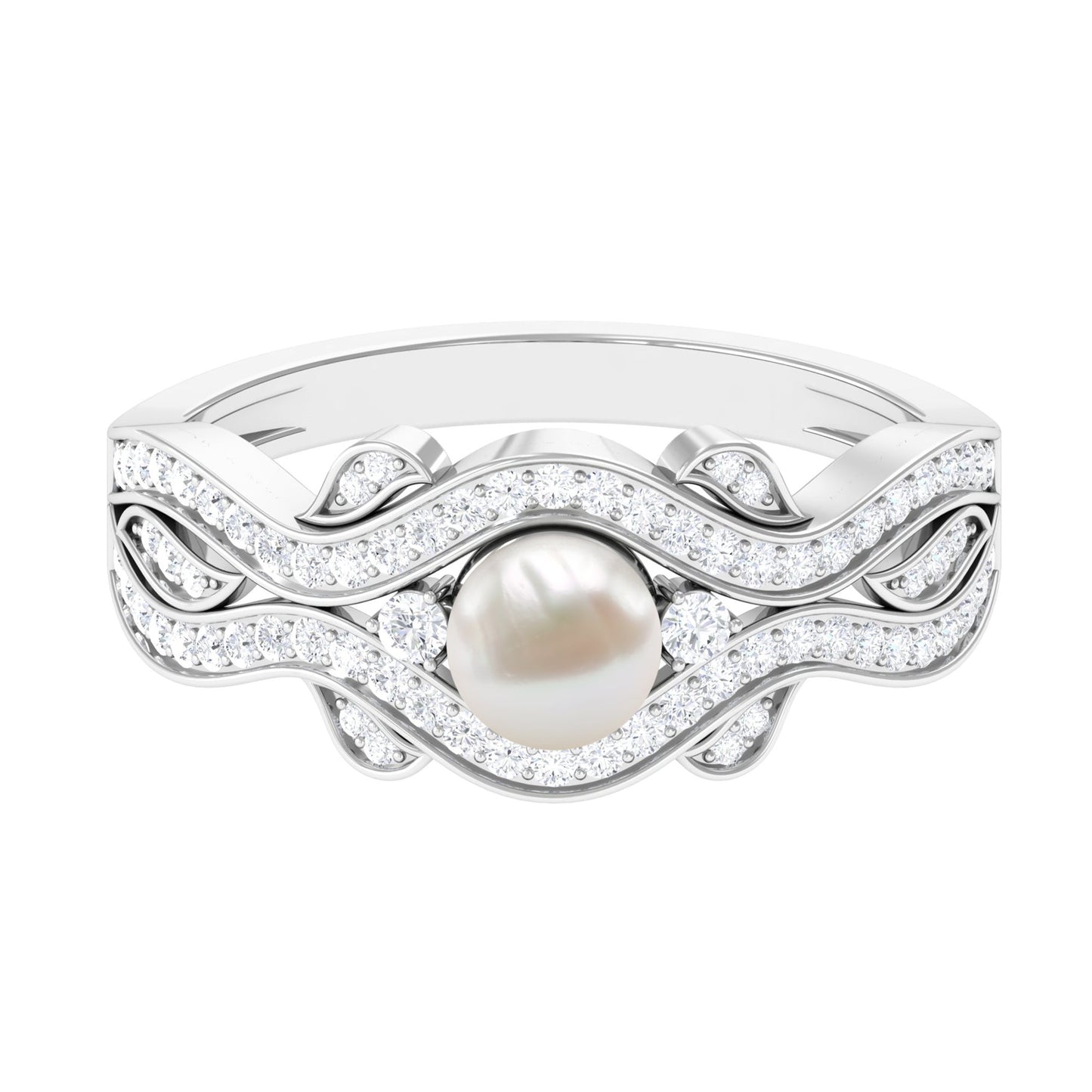 Genuine 2 Carat Pearl Art Deco Engagement Ring with Diamond for Women