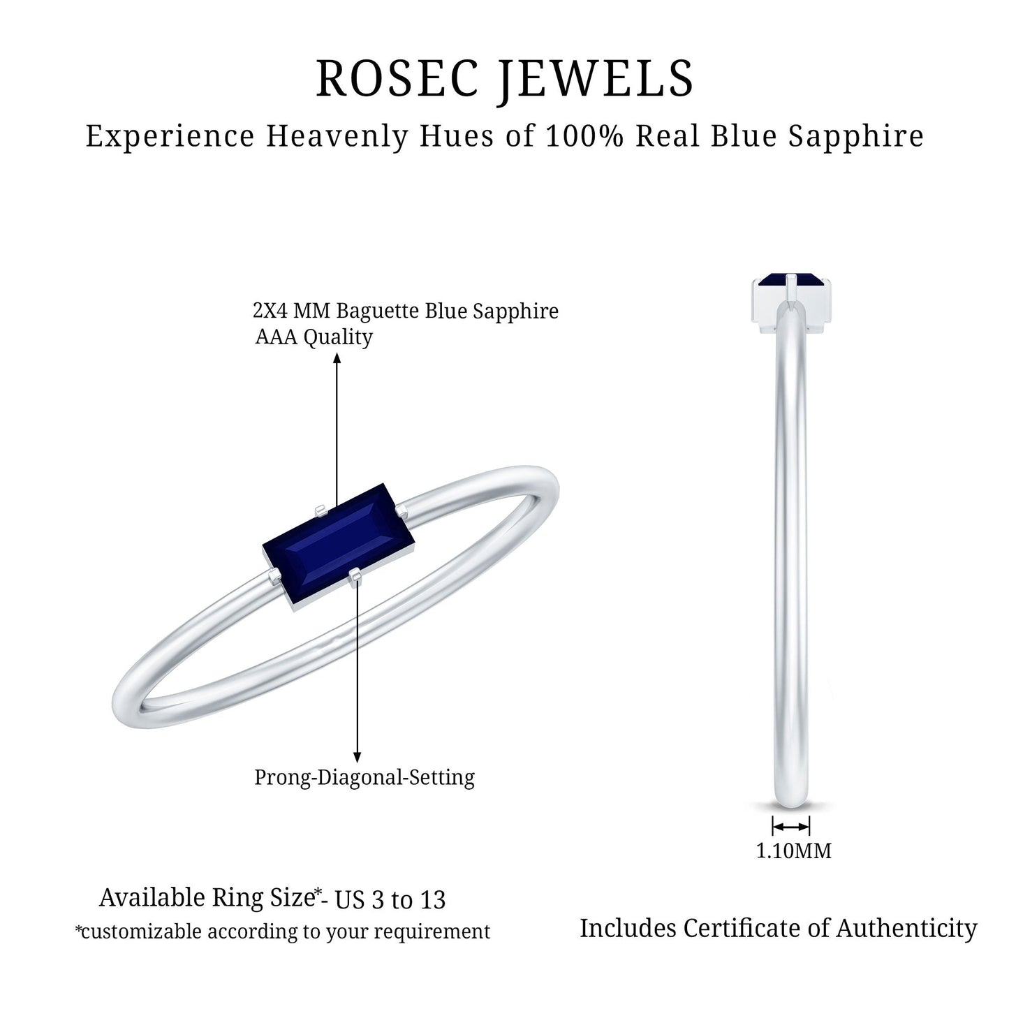 Natural Baguette Blue Sapphire Promise Ring for Women