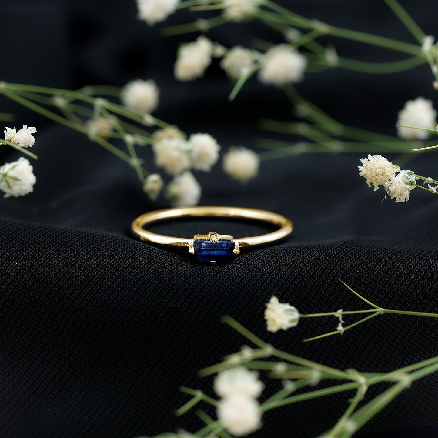 Natural Baguette Blue Sapphire Promise Ring for Women