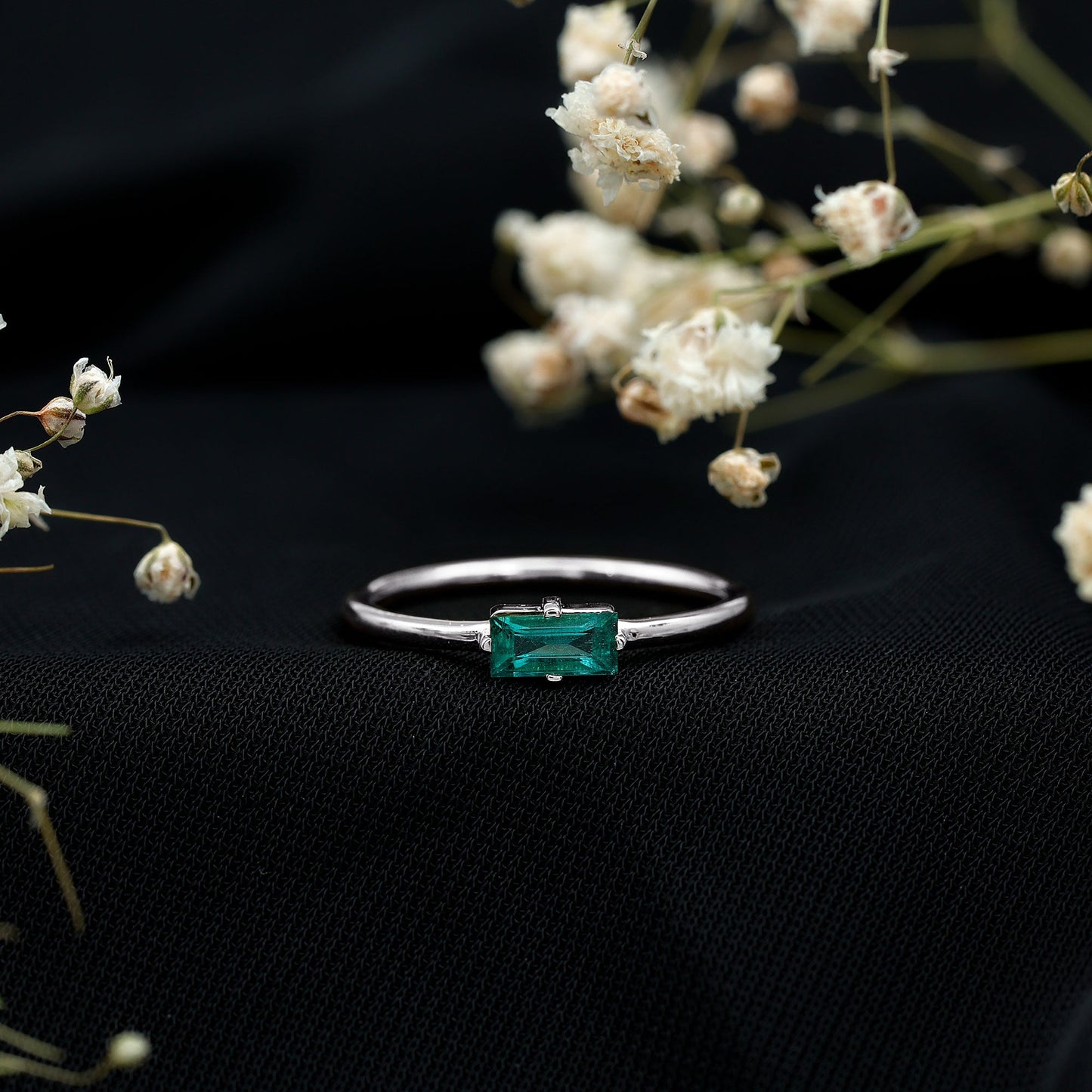 East West Set Baguette Cut Emerald May Birthstone Ring