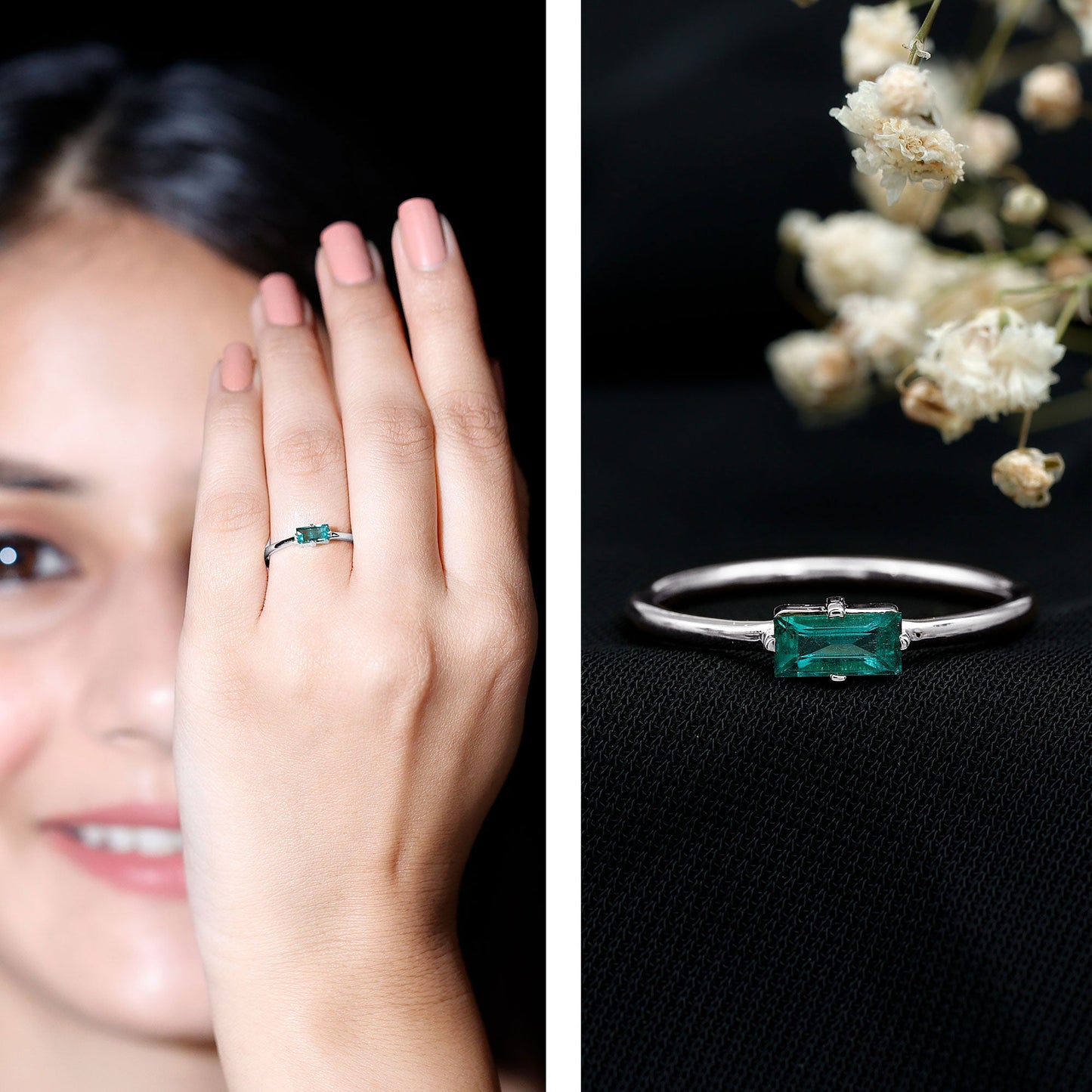 East West Set Baguette Cut Emerald May Birthstone Ring