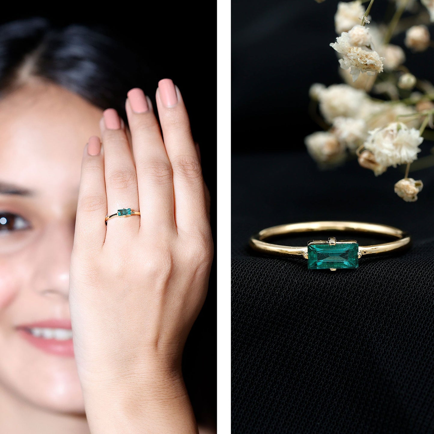 East West Set Baguette Cut Emerald May Birthstone Ring