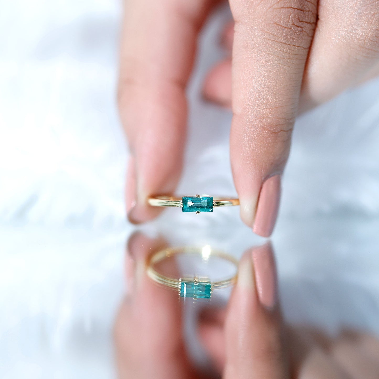 East West Set Baguette Cut Emerald May Birthstone Ring