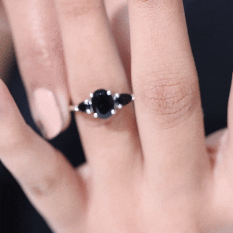 Natural Black Onyx Three Stone Engagement Ring