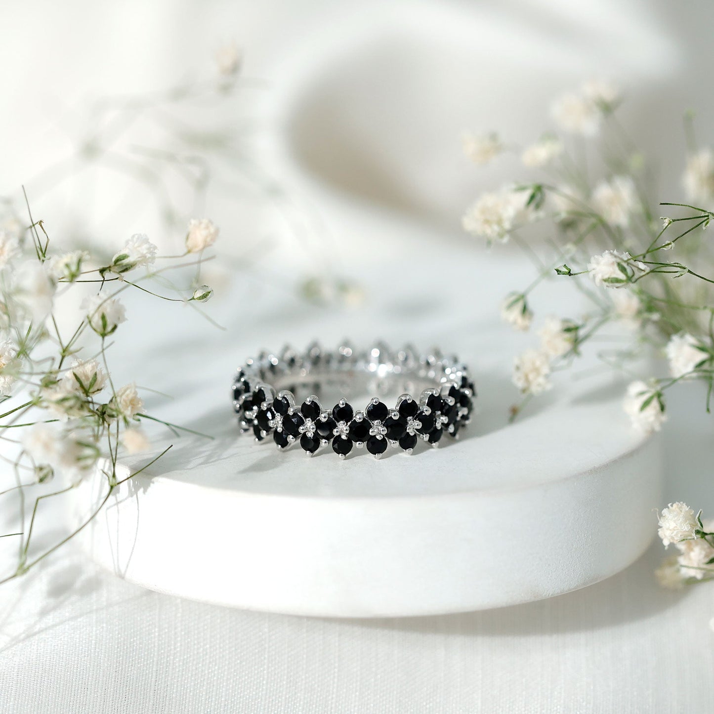 Round Cut Black Onyx Cluster Wedding Band for Women