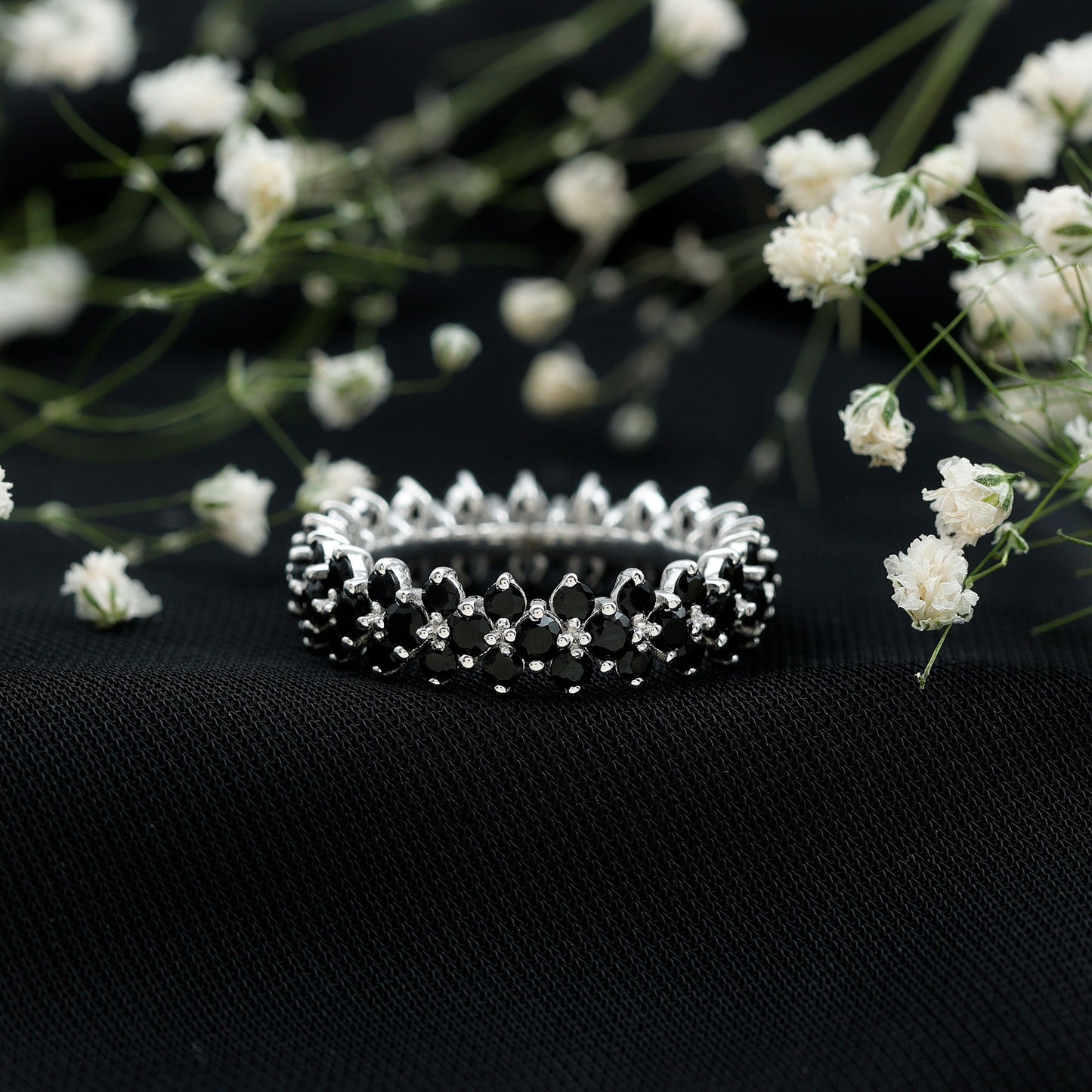 Round Cut Black Onyx Cluster Wedding Band for Women