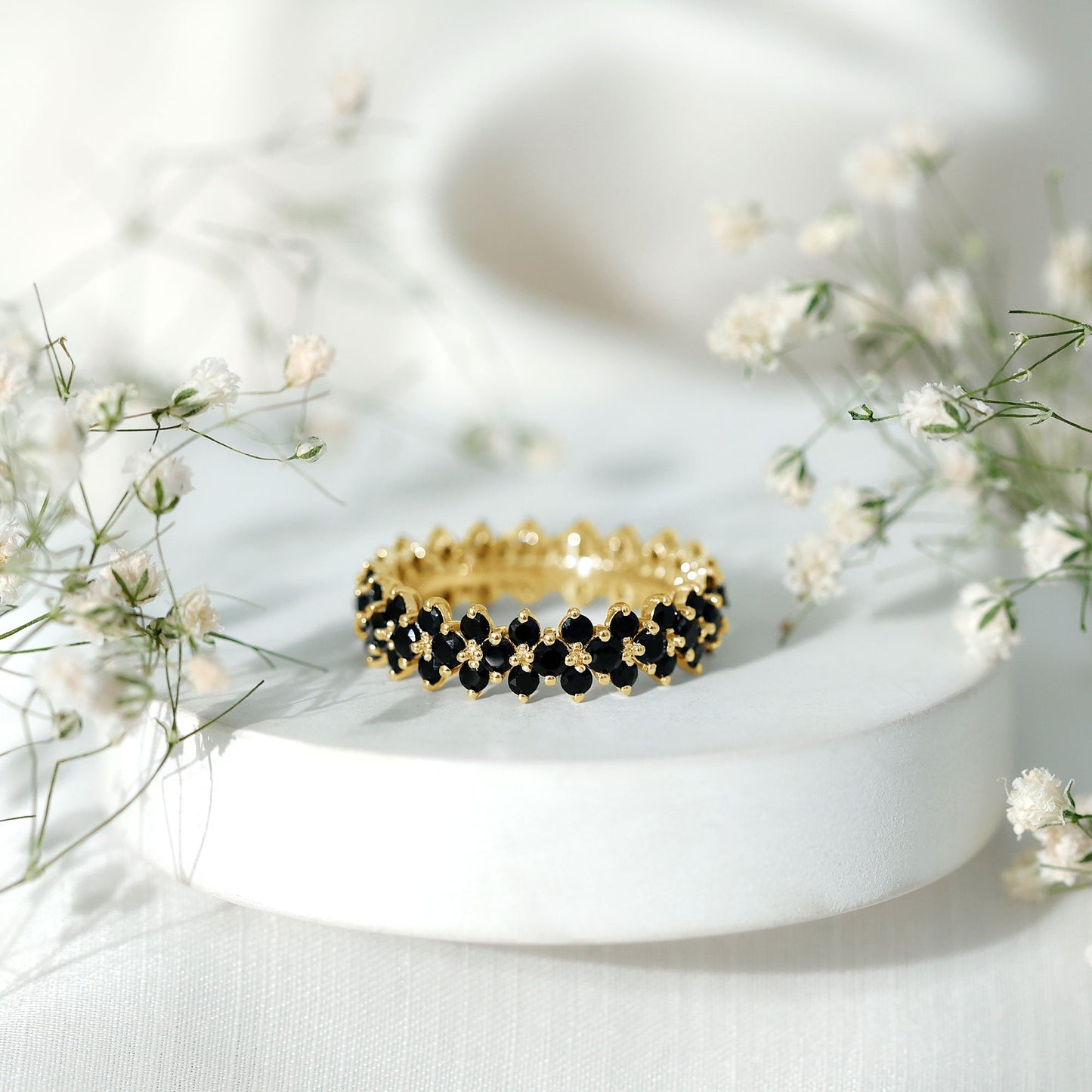 Round Cut Black Onyx Cluster Wedding Band for Women