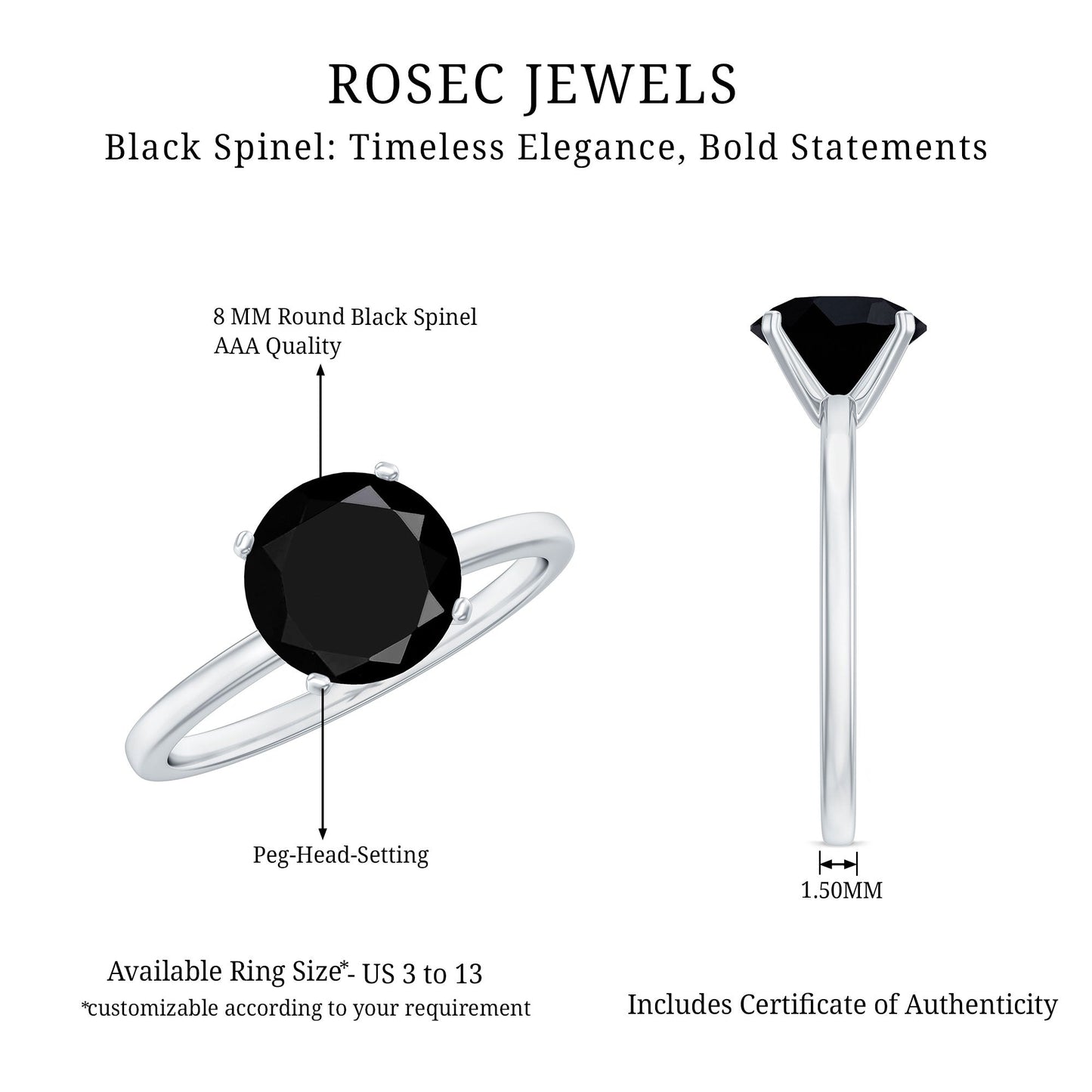 Certified Real 2.6 Carat Black Spinel Solitaire Engagement Ring