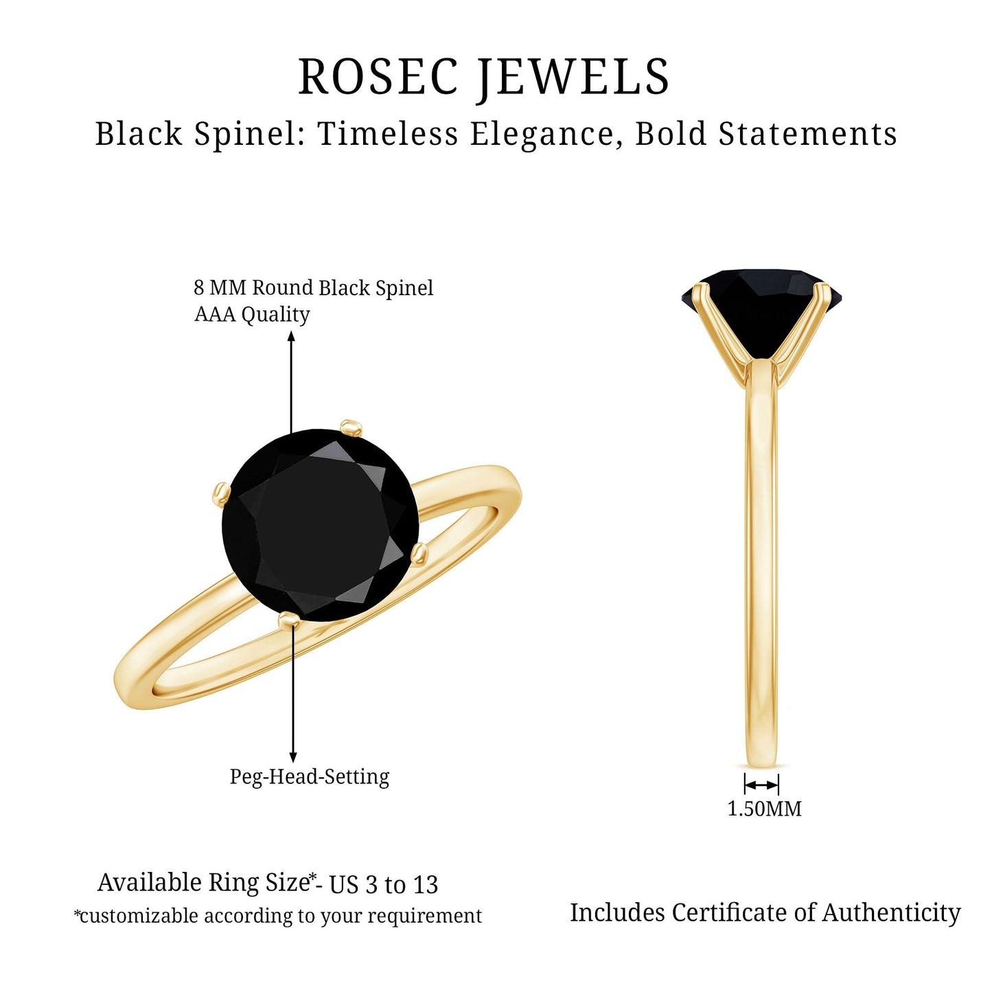 Certified Real 2.6 Carat Black Spinel Solitaire Engagement Ring
