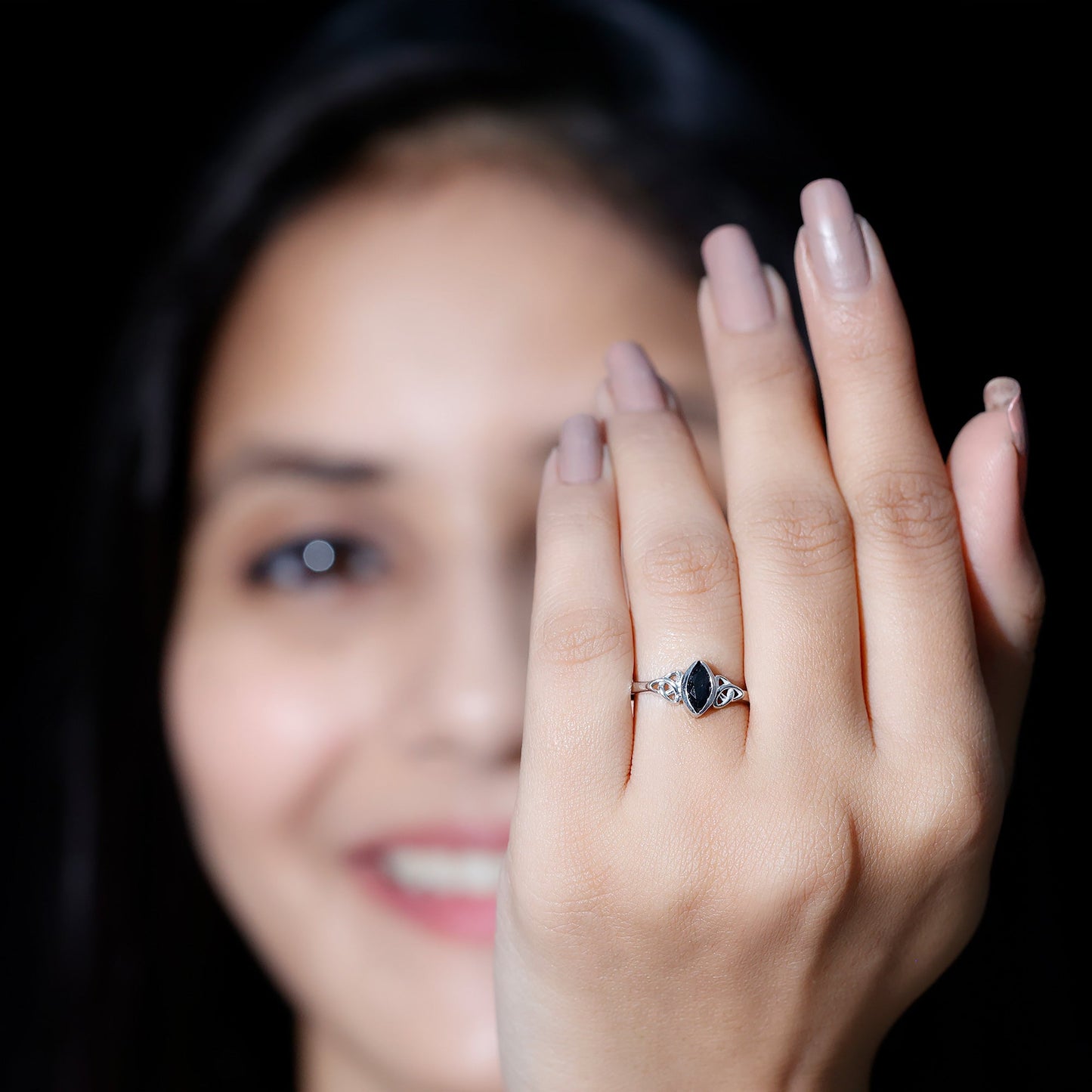 Certified 0.8 Carat Lab Grown Black Diamond Marquise Promise Ring with Celtic Knot