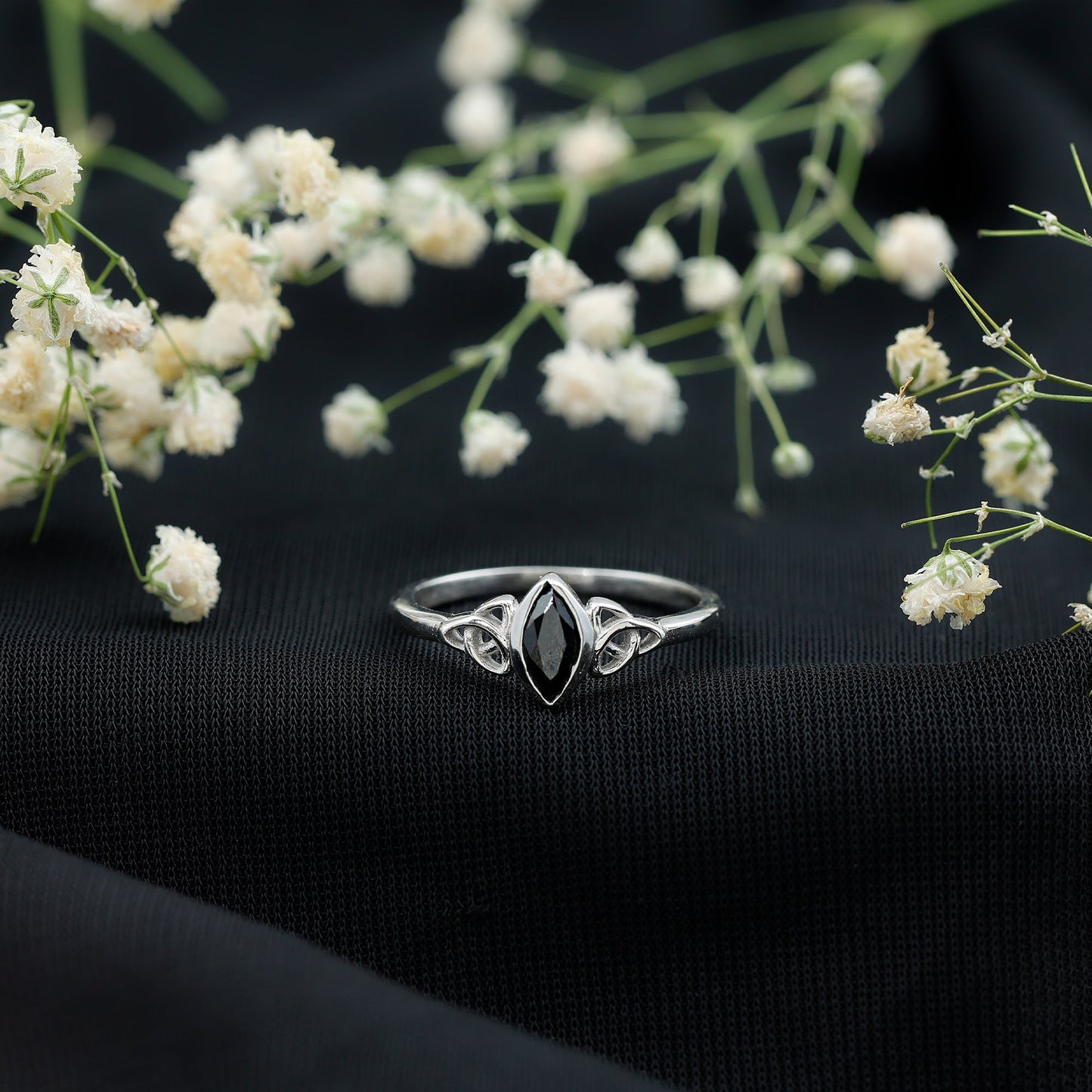 Certified 0.8 Carat Lab Grown Black Diamond Marquise Promise Ring with Celtic Knot