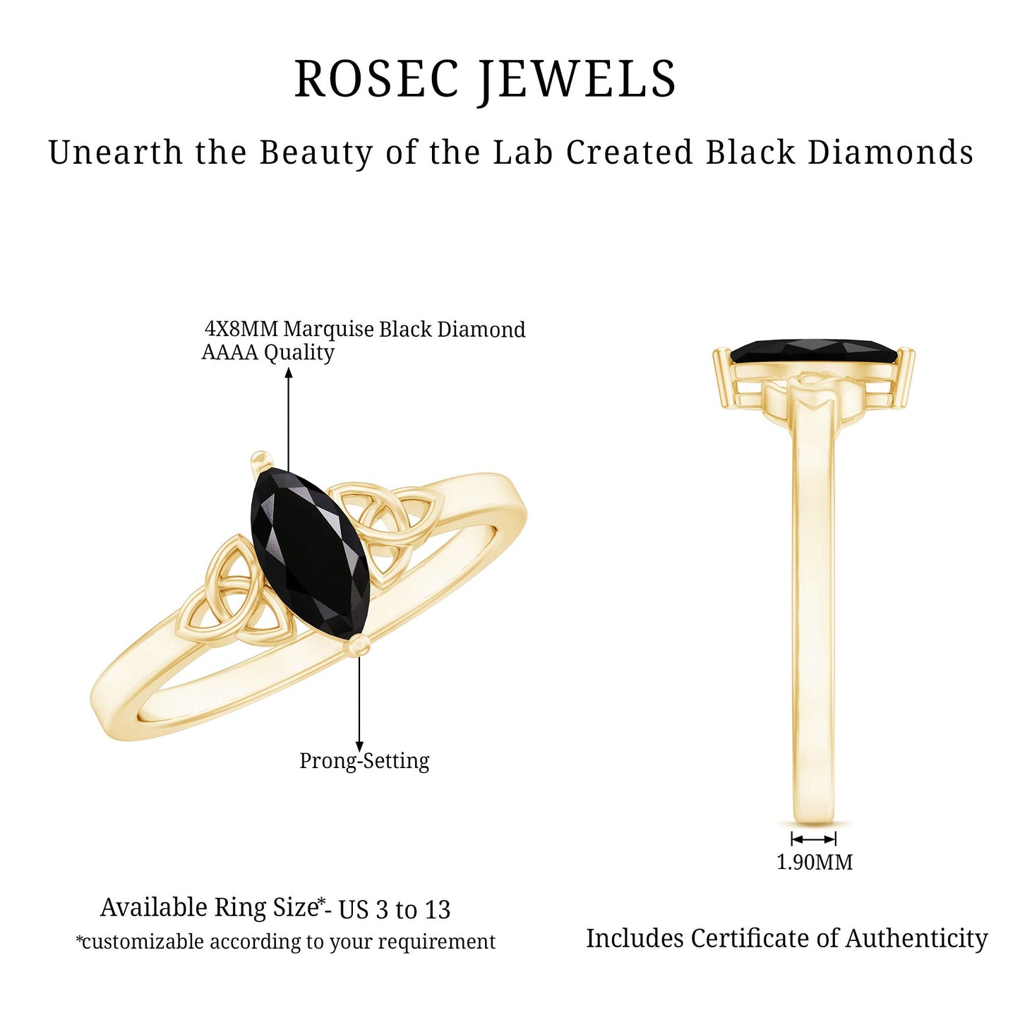 Certified 0.8 Carat Lab Grown Black Diamond Marquise Promise Ring with Celtic Knot