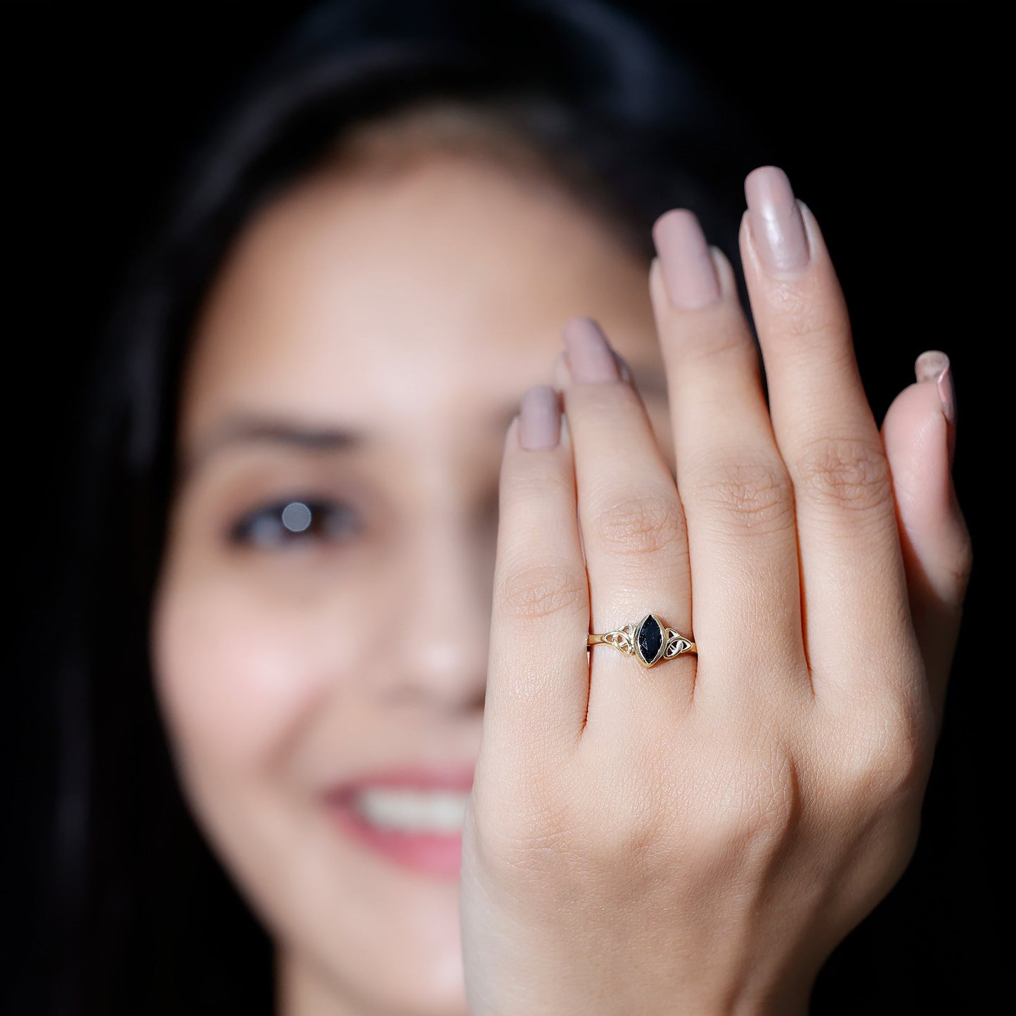 Certified 0.8 Carat Lab Grown Black Diamond Marquise Promise Ring with Celtic Knot
