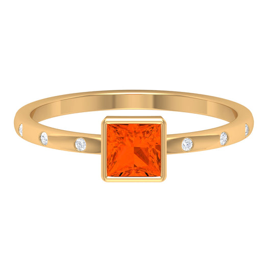Princess Cut Fire Opal Solitaire Promise Ring with Diamonds