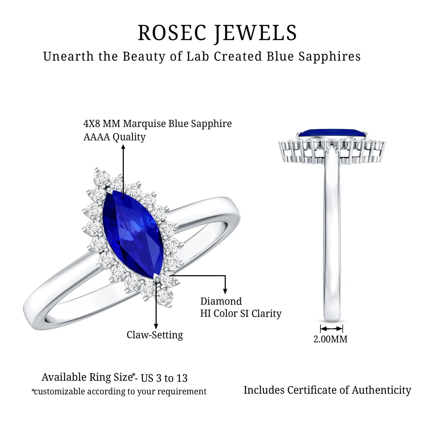 Marquise Cut Lab Grown Blue Sapphire and Diamond Halo Engagement Ring