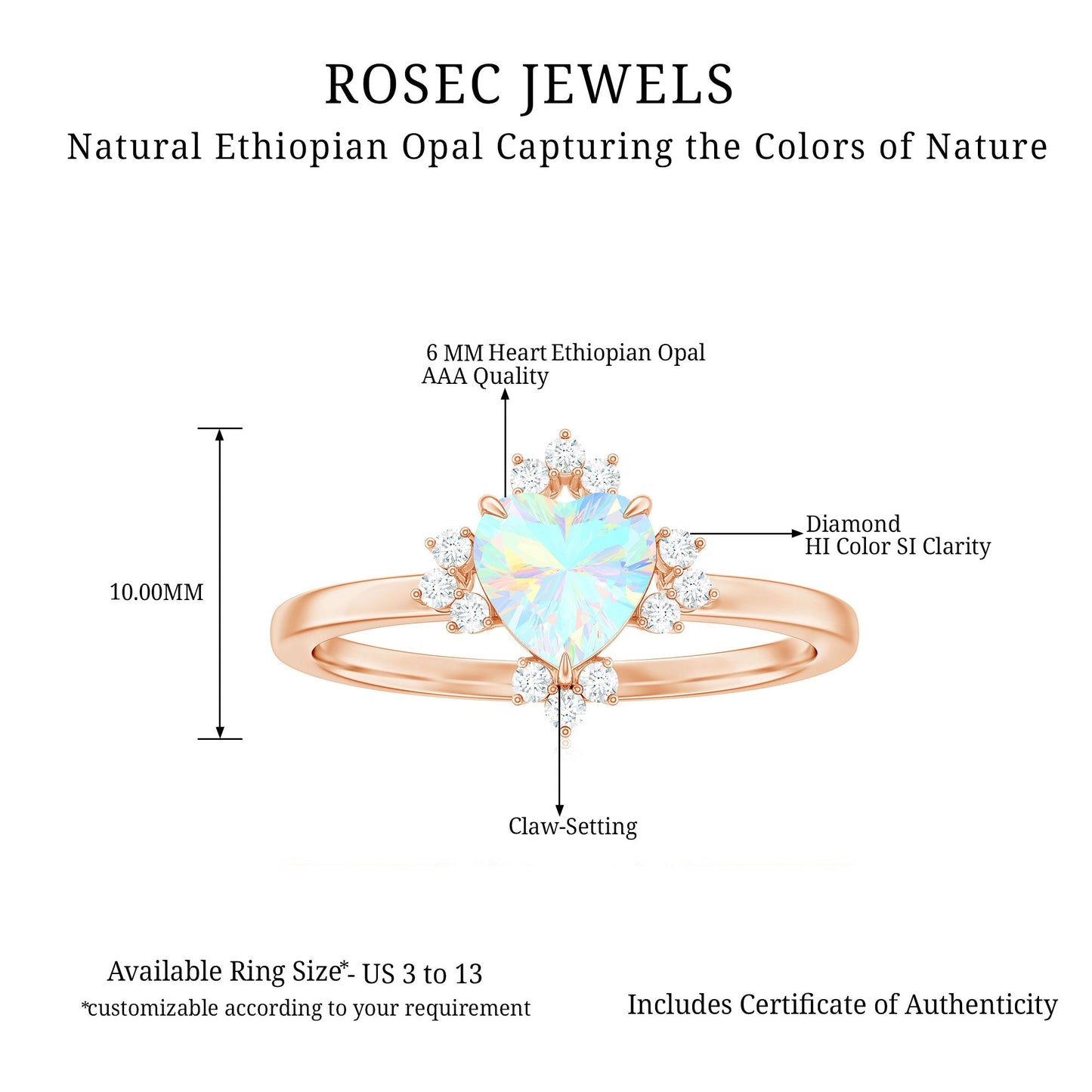Natural 0.75 Carat Opalescent Heart Engagement Ring with Diamond