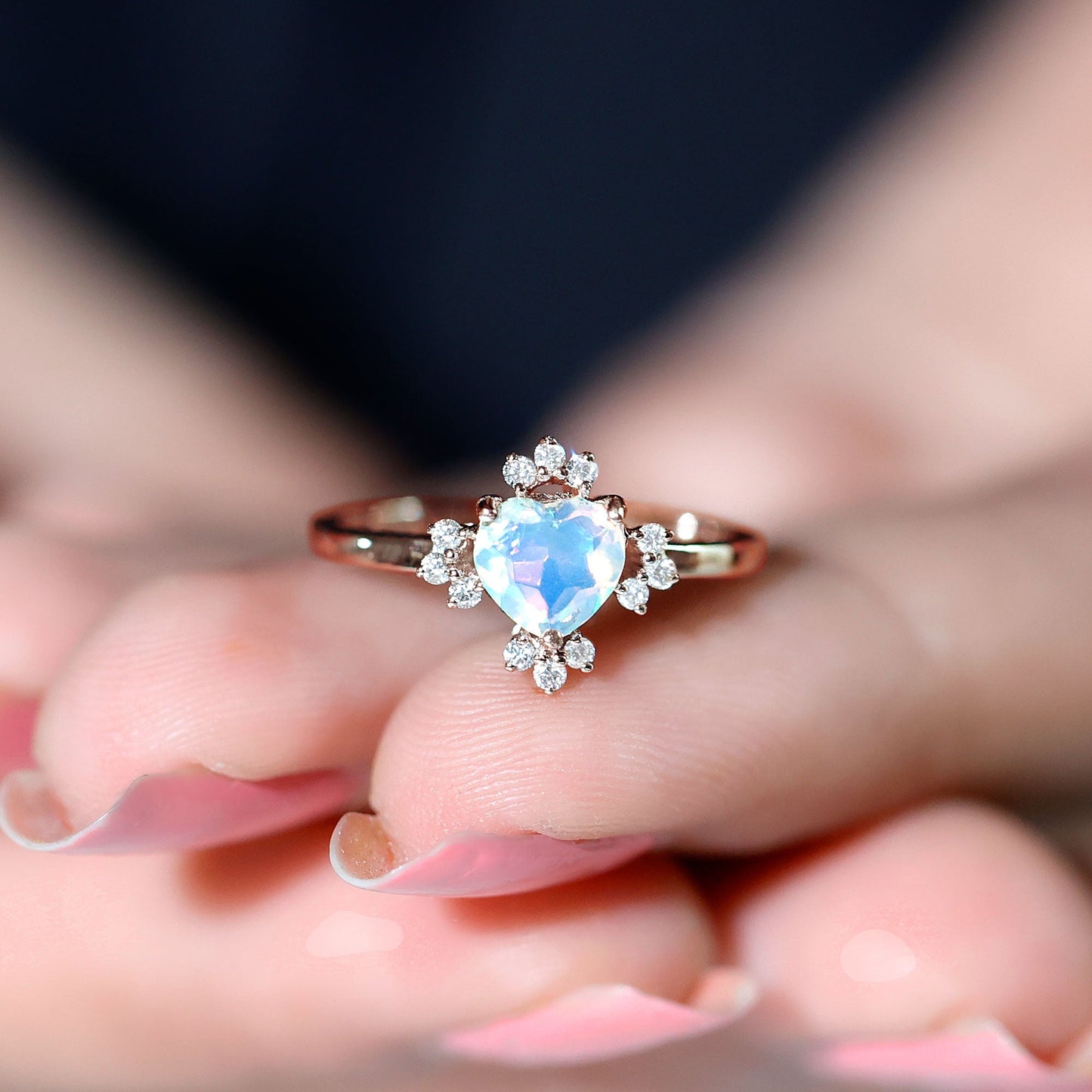 Natural 0.75 Carat Opalescent Heart Engagement Ring with Diamond