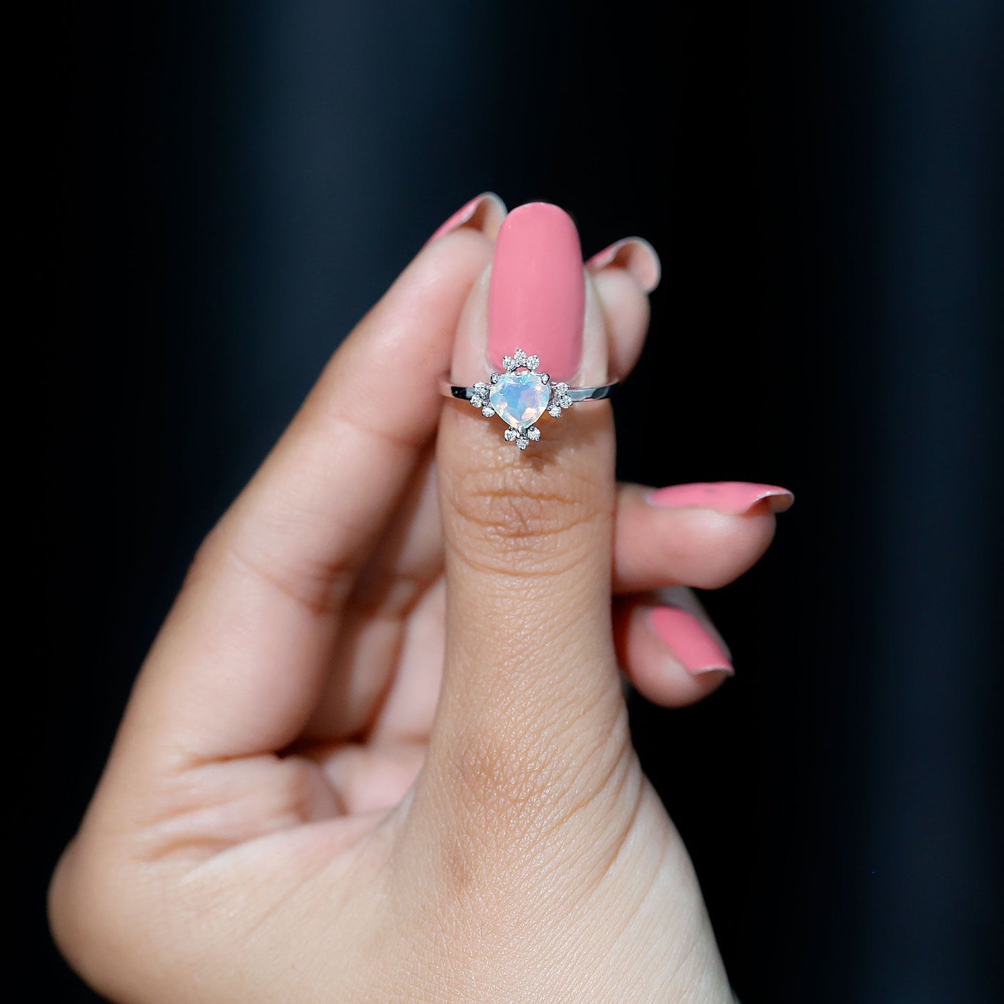 Natural 0.75 Carat Opalescent Heart Engagement Ring with Diamond
