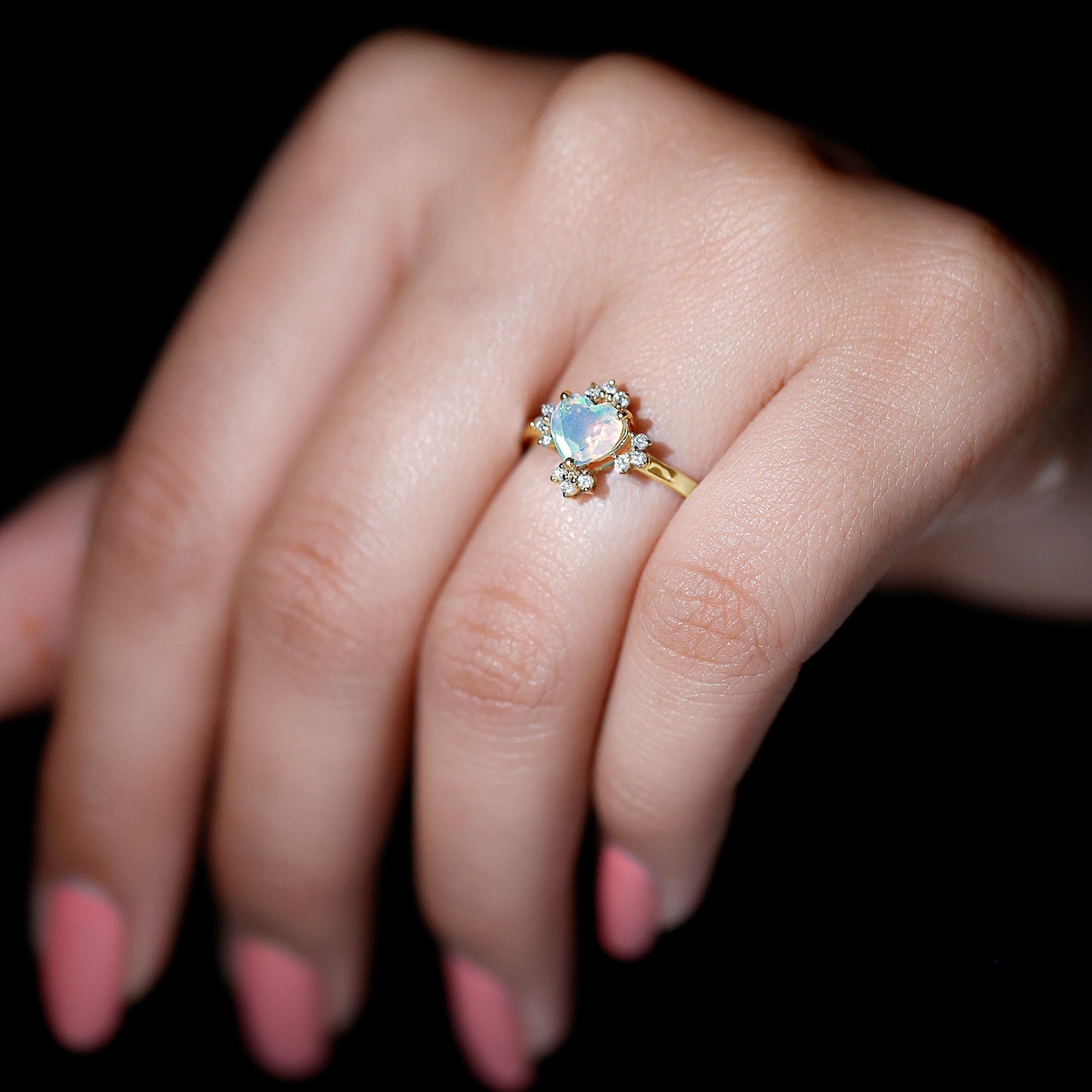 Natural 0.75 Carat Opalescent Heart Engagement Ring with Diamond