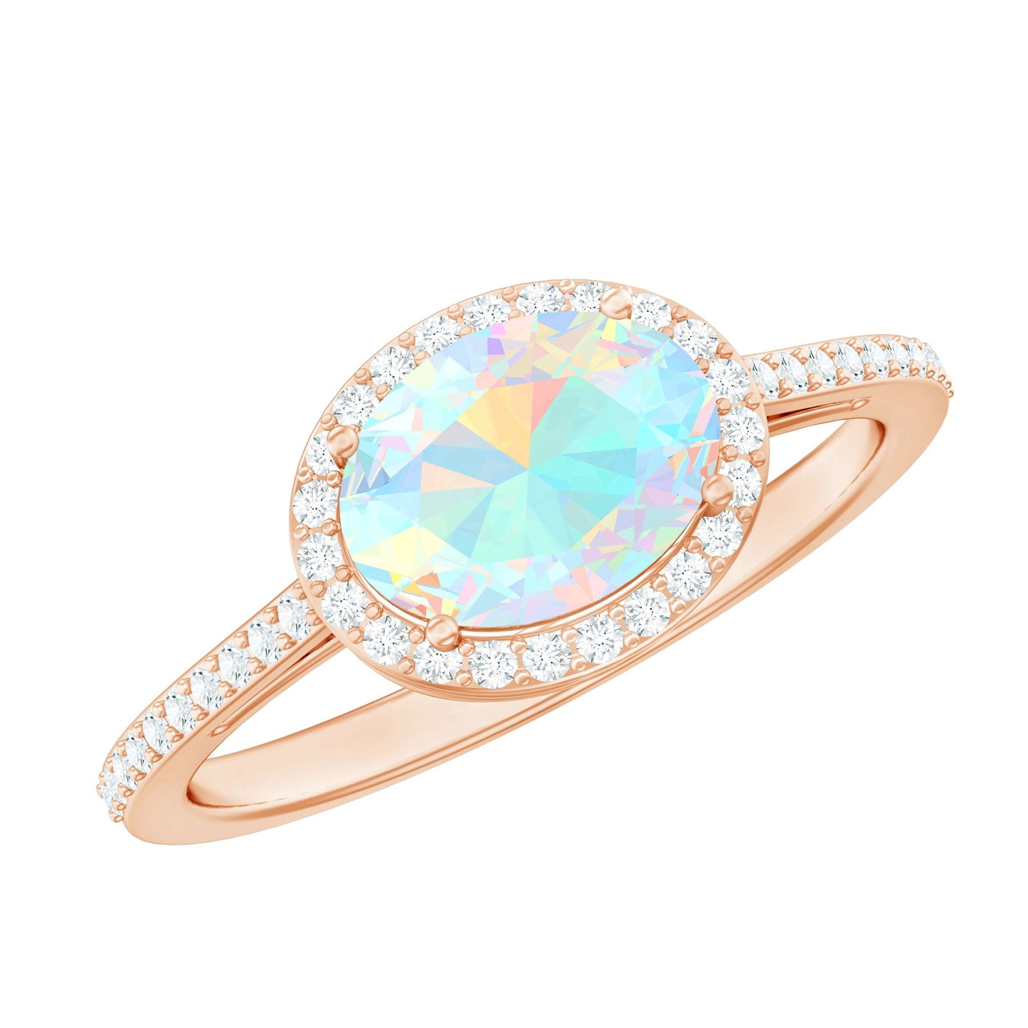 Genuine 1.2 Carat Oval Opalescent East West Engagement Ring with Diamond Halo