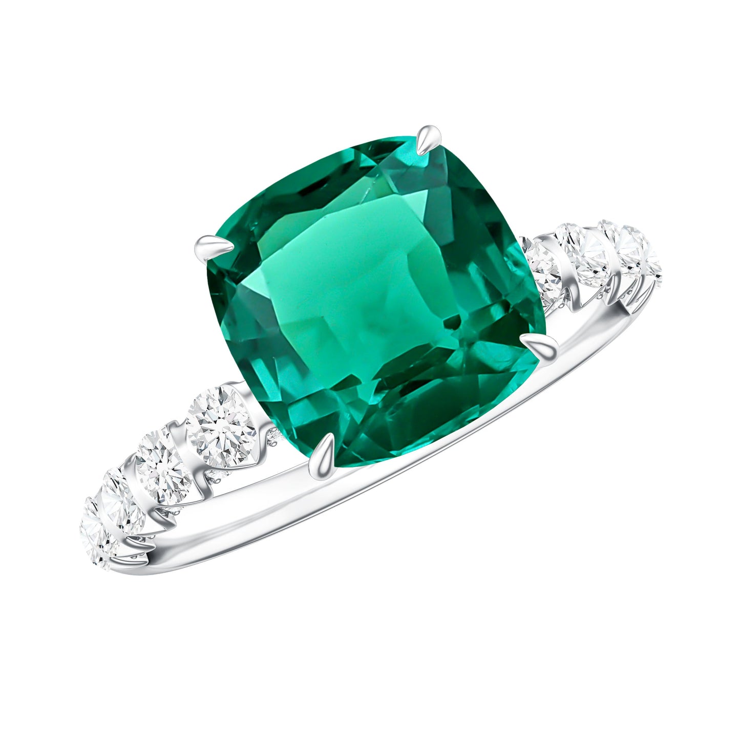 Certified Lab Grown Emerald Cushion Cut Engagement Ring with Diamond Side Stones