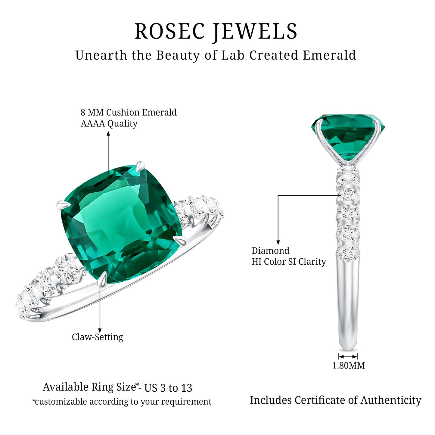Certified Lab Grown Emerald Cushion Cut Engagement Ring with Diamond Side Stones