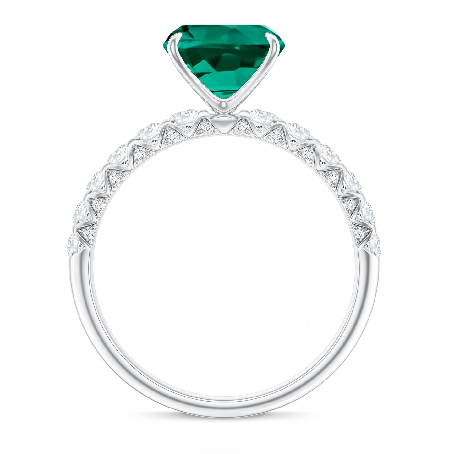 Certified Lab Grown Emerald Cushion Cut Engagement Ring with Diamond Side Stones
