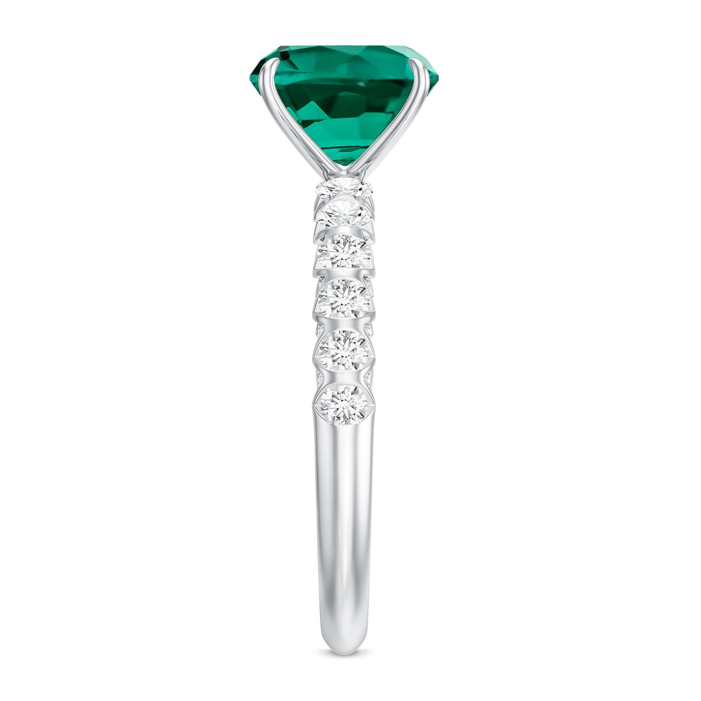 Certified Lab Grown Emerald Cushion Cut Engagement Ring with Diamond Side Stones