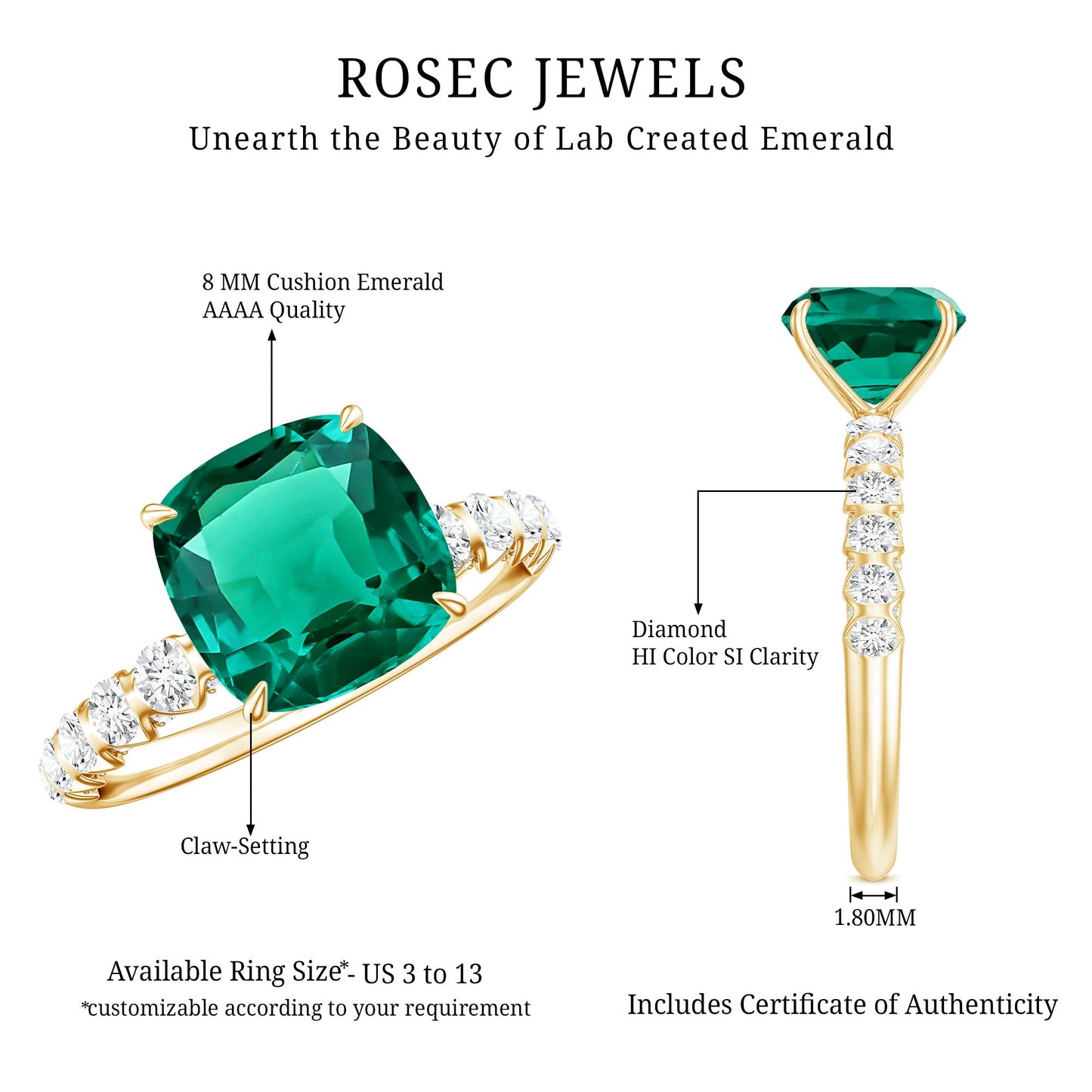Certified Lab Grown Emerald Cushion Cut Engagement Ring with Diamond Side Stones