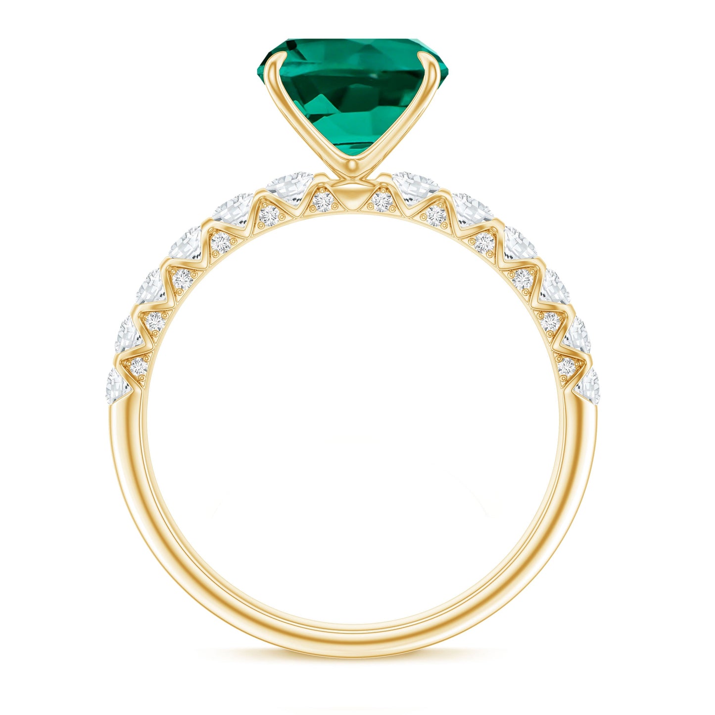 Certified Lab Grown Emerald Cushion Cut Engagement Ring with Diamond Side Stones