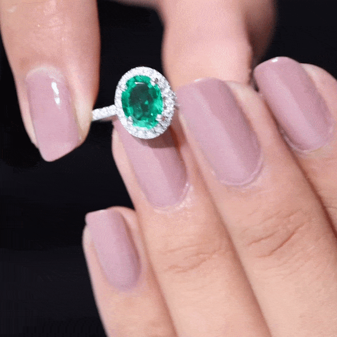 Classic Lab Grown Emerald Oval Engagement Ring with Diamond Halo