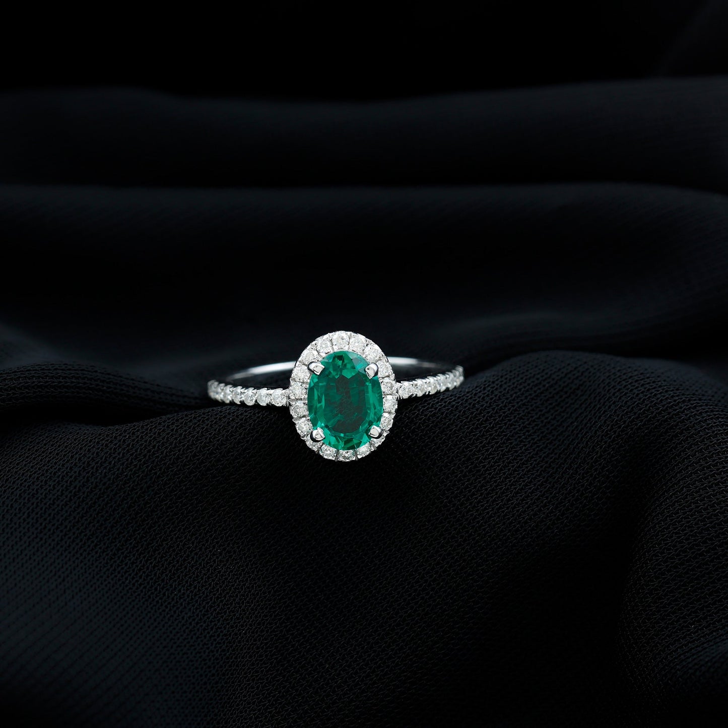 Classic Lab Grown Emerald Oval Engagement Ring with Diamond Halo