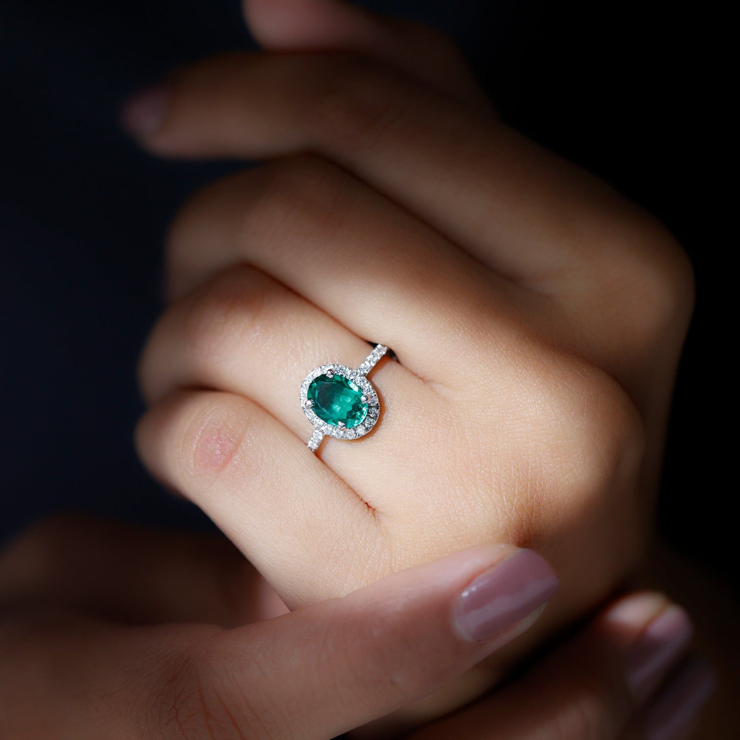 Classic Lab Grown Emerald Oval Engagement Ring with Diamond Halo