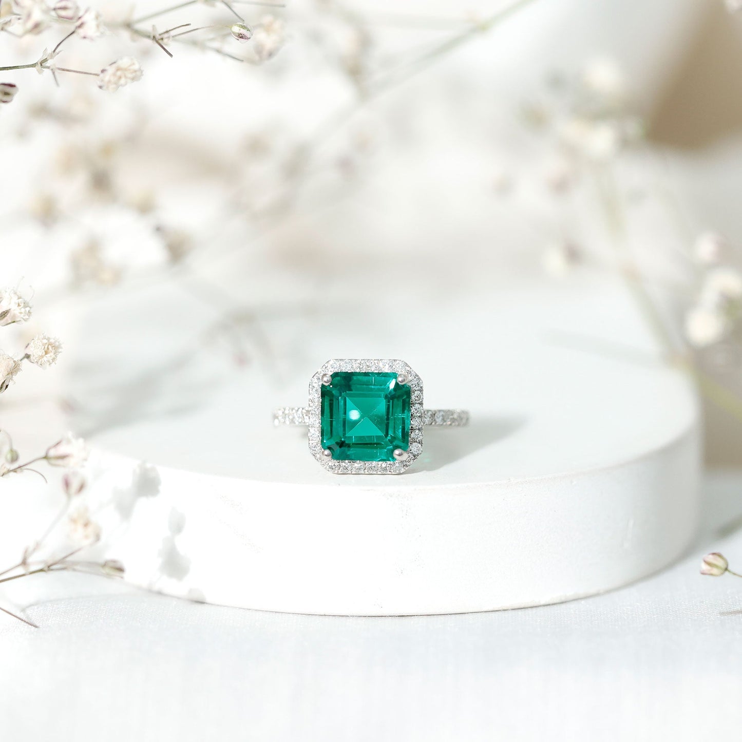 AAAA Quality Lab Created Emerald Asscher Cut Engagement Ring with Diamond