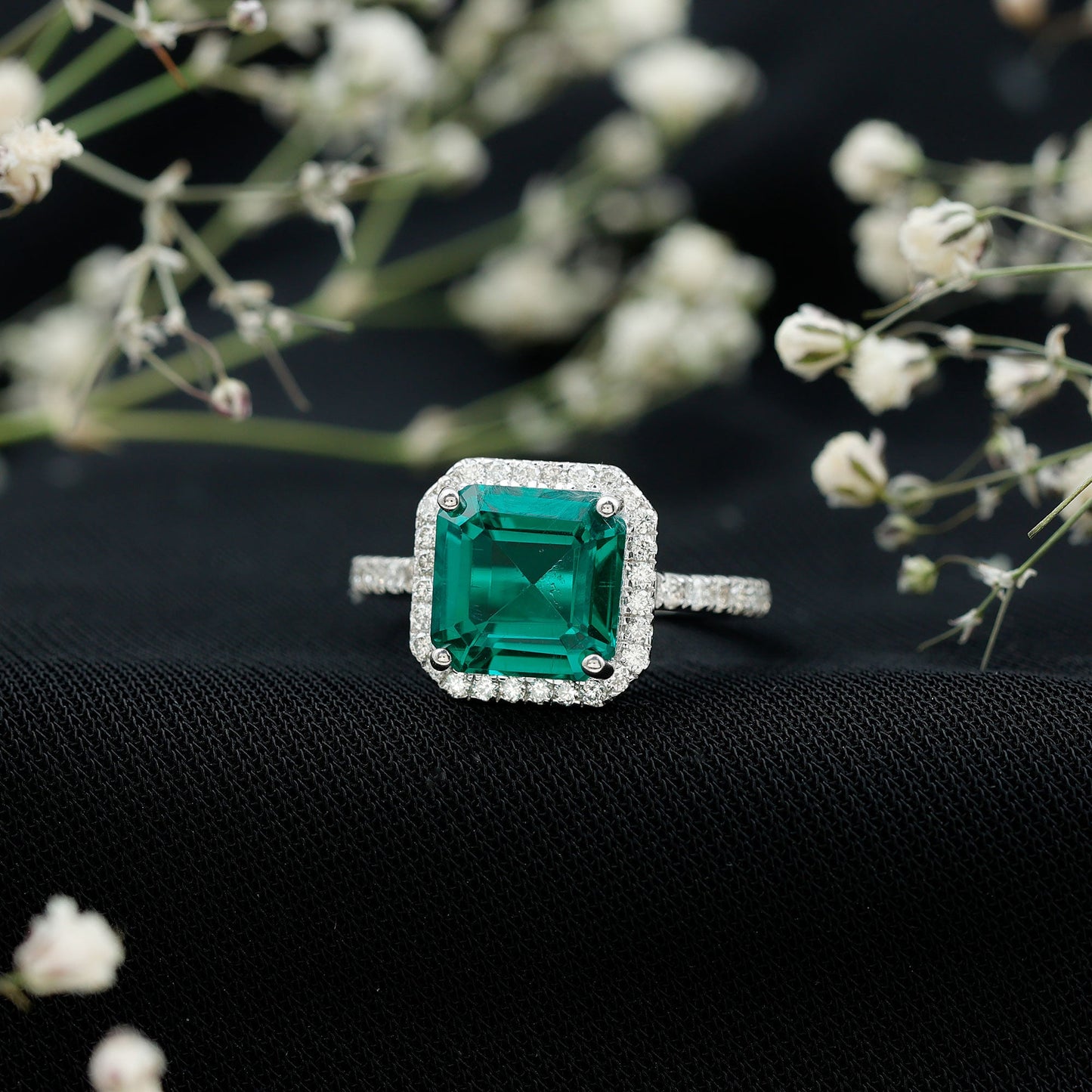 AAAA Quality Lab Created Emerald Asscher Cut Engagement Ring with Diamond