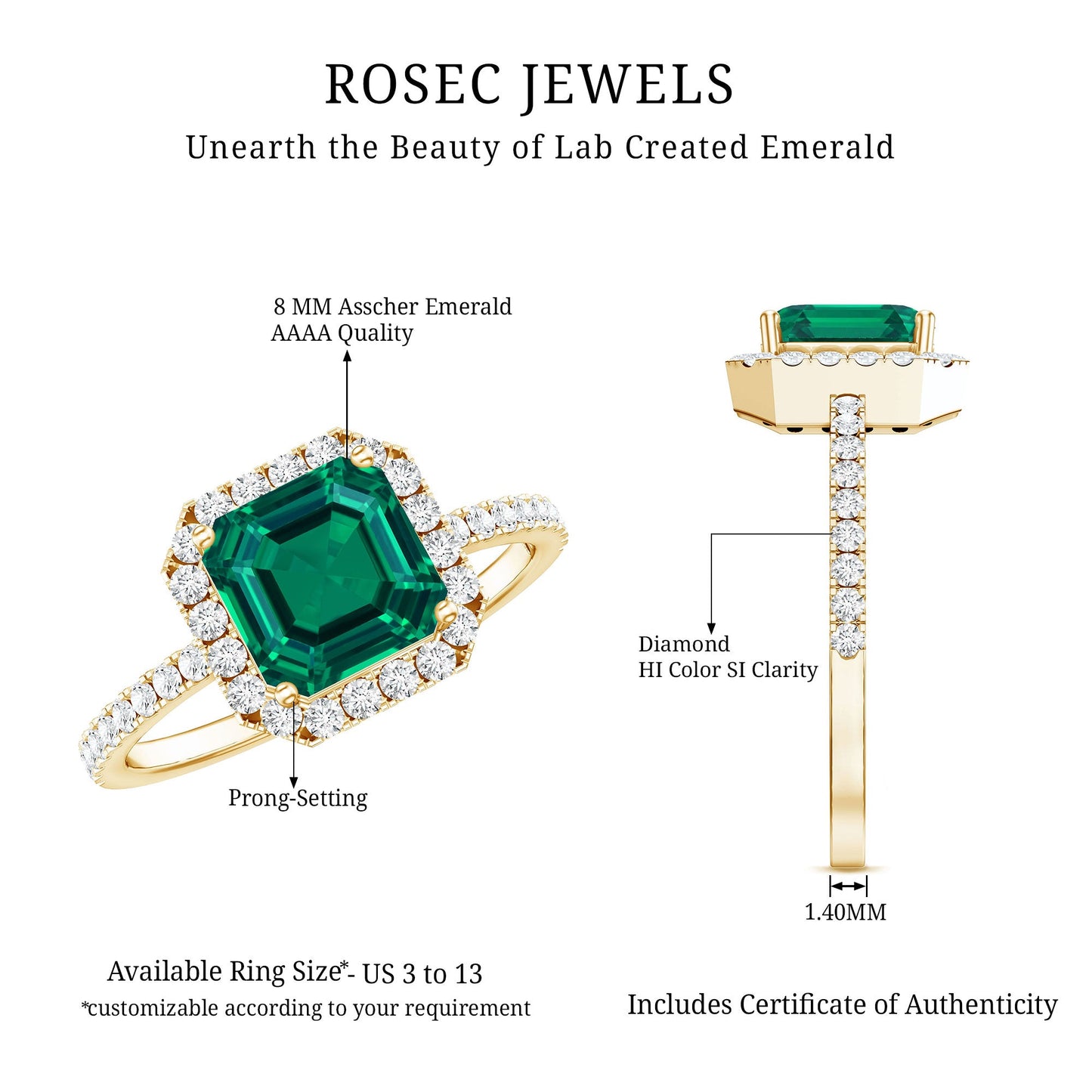 AAAA Quality Lab Created Emerald Asscher Cut Engagement Ring with Diamond