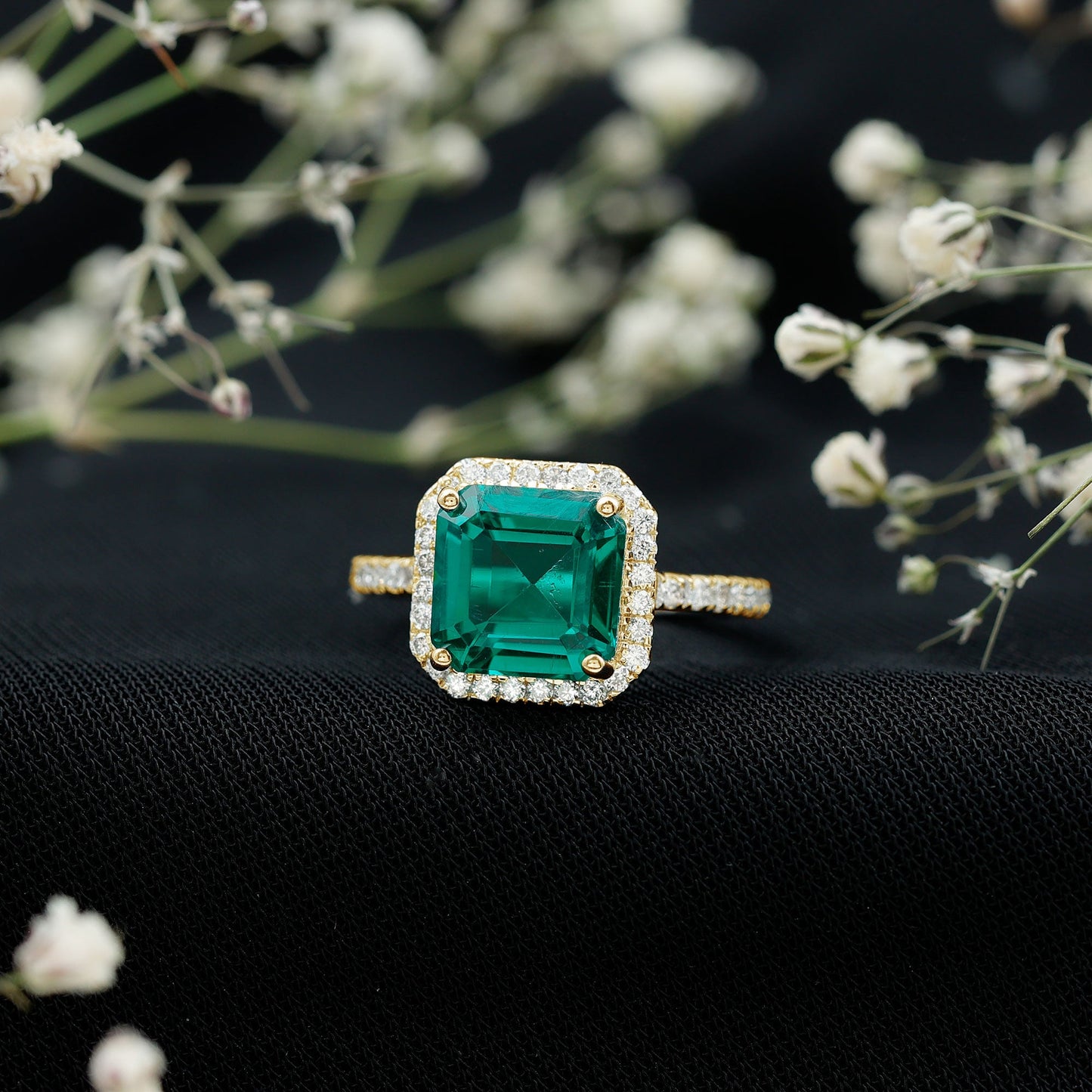 AAAA Quality Lab Created Emerald Asscher Cut Engagement Ring with Diamond