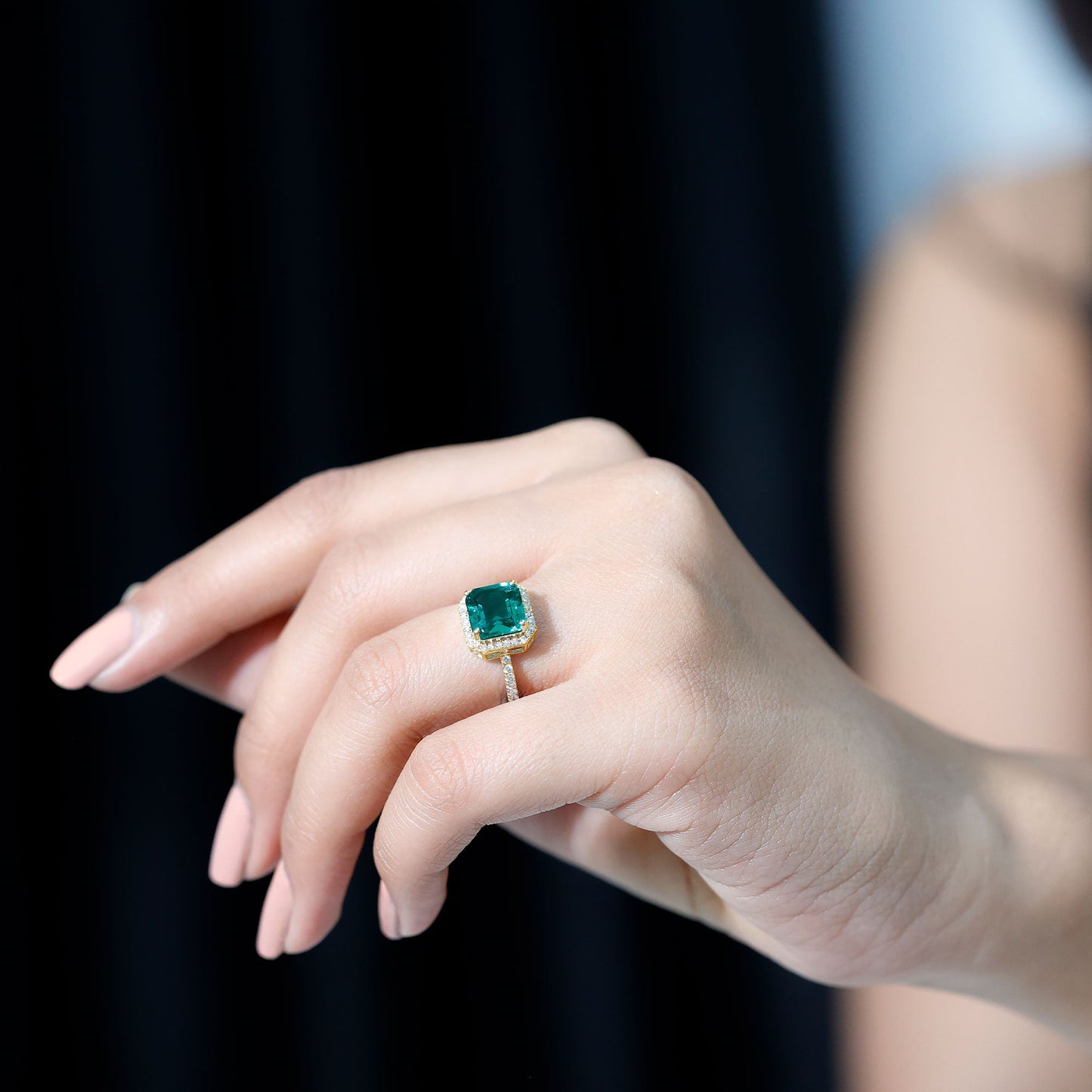 AAAA Quality Lab Created Emerald Asscher Cut Engagement Ring with Diamond