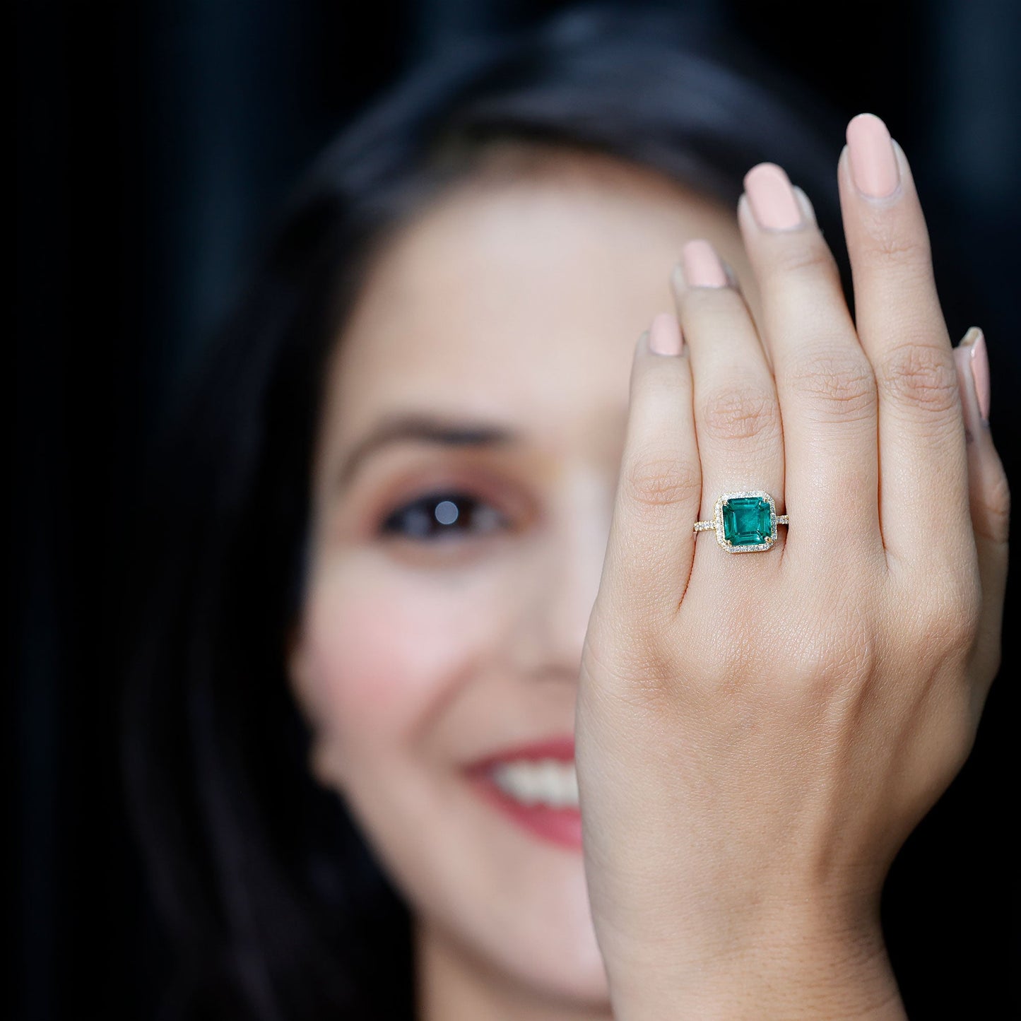 AAAA Quality Lab Created Emerald Asscher Cut Engagement Ring with Diamond