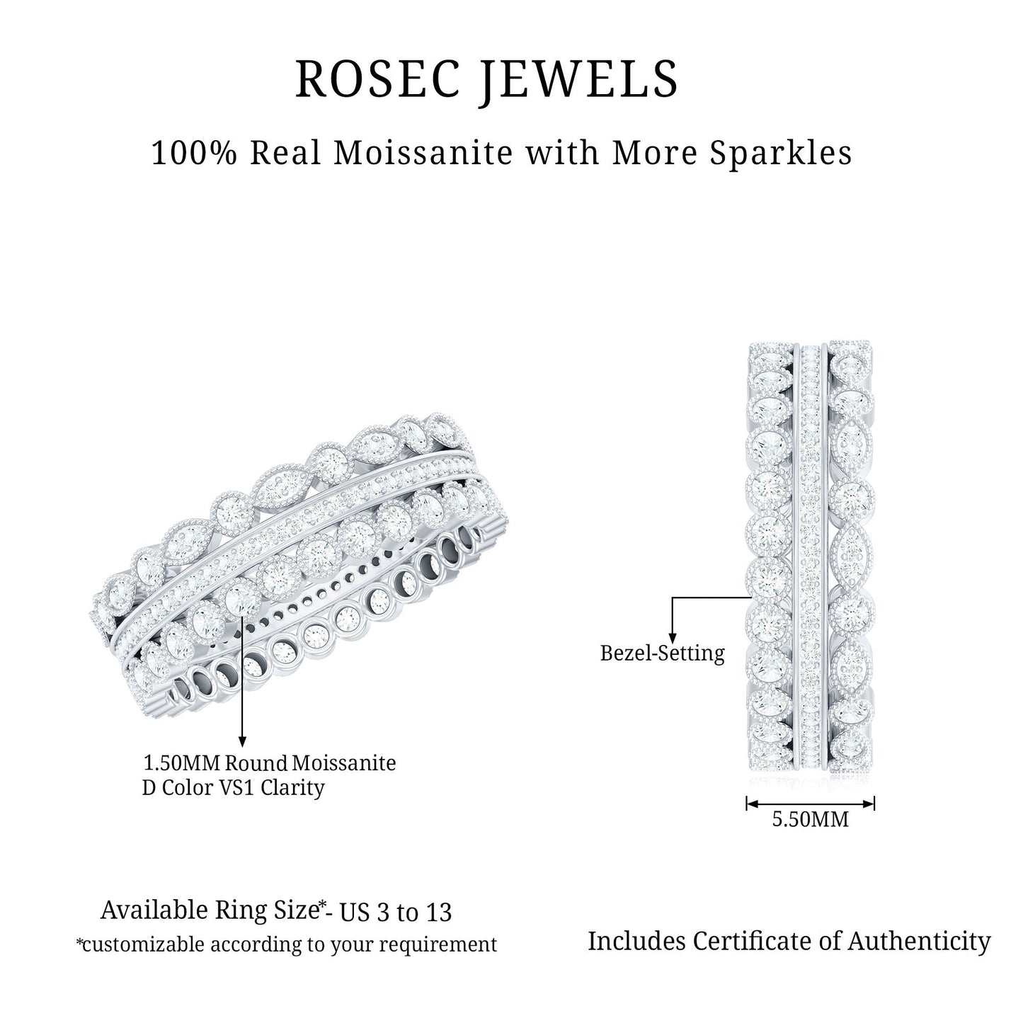 Vintage Looking 3 Row Moissanite Wedding Band
