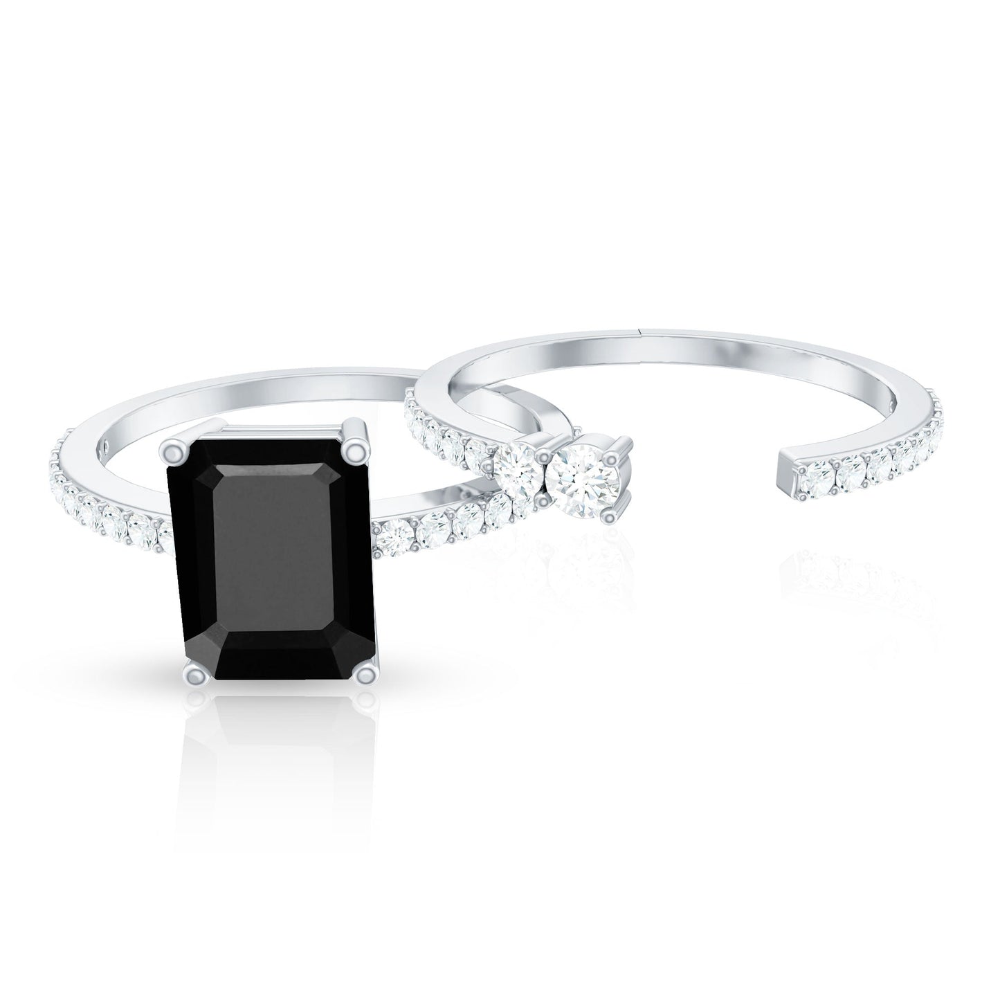 Emerald Cut Created Black Diamond Ring Set with Diamond