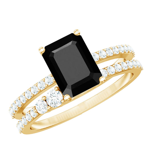 Emerald Cut Created Black Diamond Ring Set with Diamond