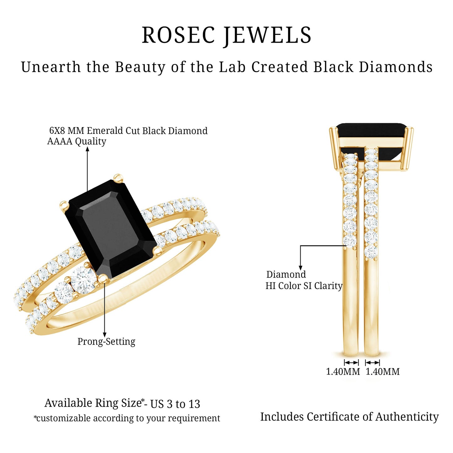 Emerald Cut Created Black Diamond Ring Set with Diamond