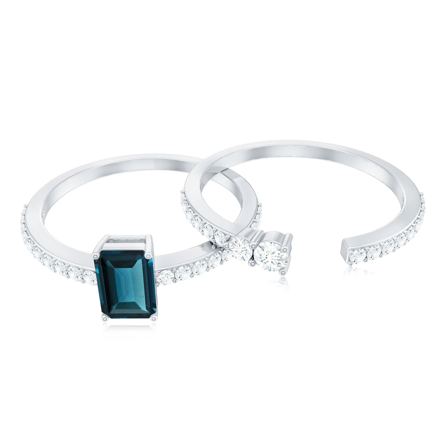 0.7 Carat Emerald Cut London Blue Topaz Wedding Ring Set with Diamond