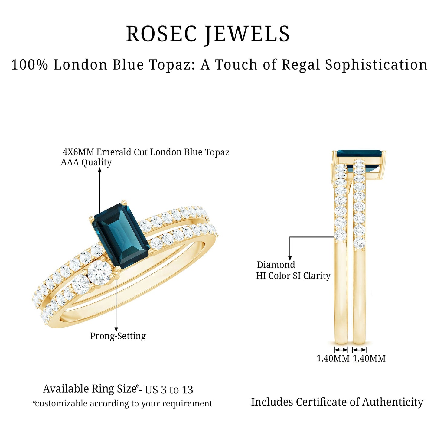 0.7 Carat Emerald Cut London Blue Topaz Wedding Ring Set with Diamond