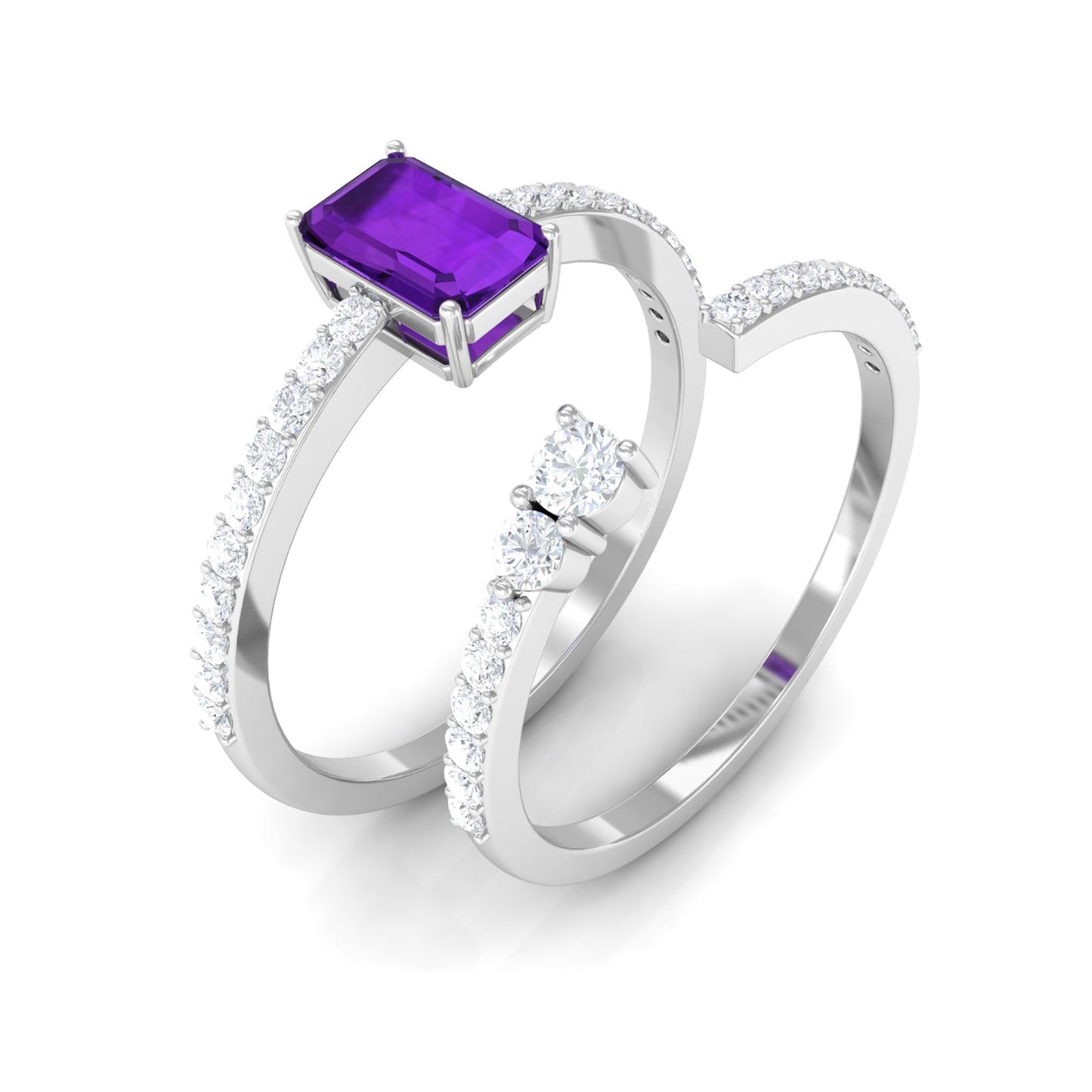 Natural 1.4 Carat Emerald Cut Amethyst Diamond Wedding Bridal Ring Set