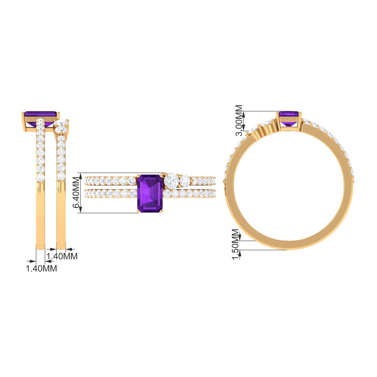 Natural 1.4 Carat Emerald Cut Amethyst Diamond Wedding Bridal Ring Set